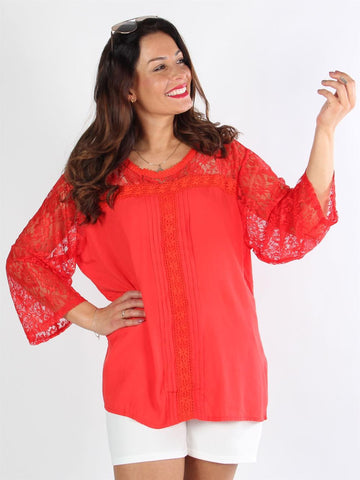 Lahore - Rød langærmet blondebluse med broderinger