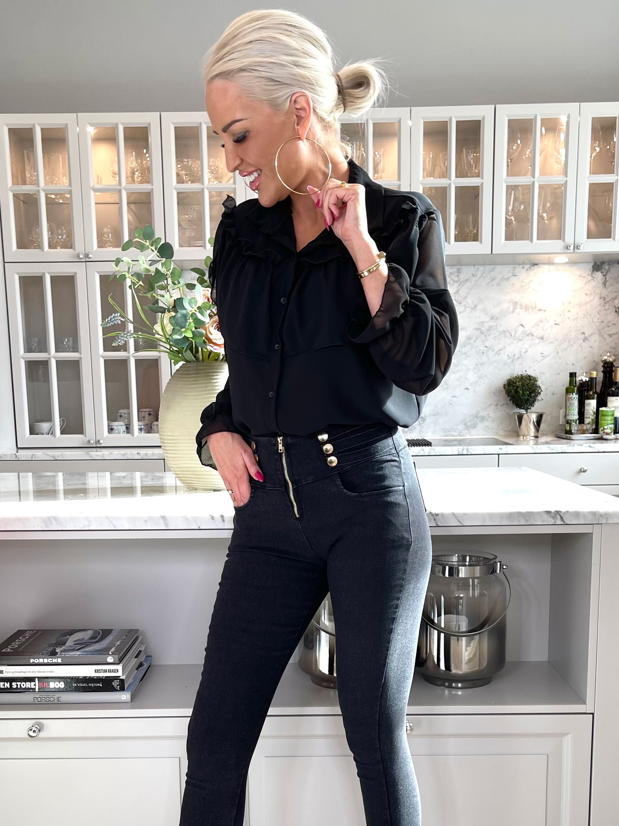 Latisha - Leggings i jeanslook med lynlås og guldknapper