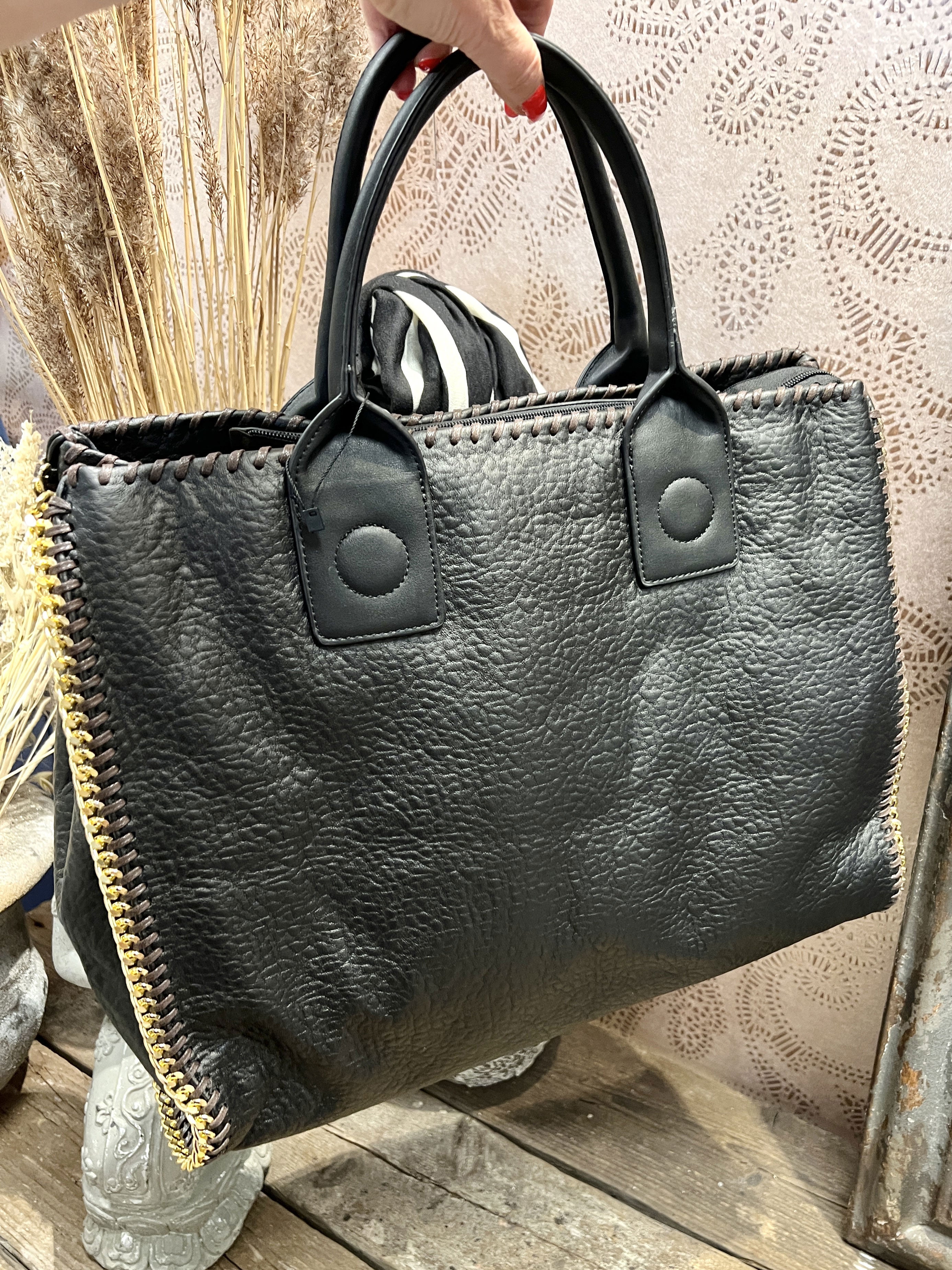 Lena - Sort shopper taske med guldkæde