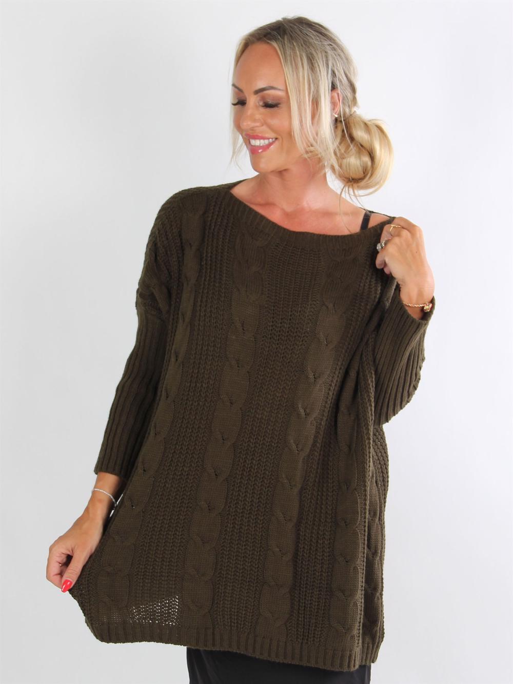 Linia - Armygrøn striktrøje med kabelstrik