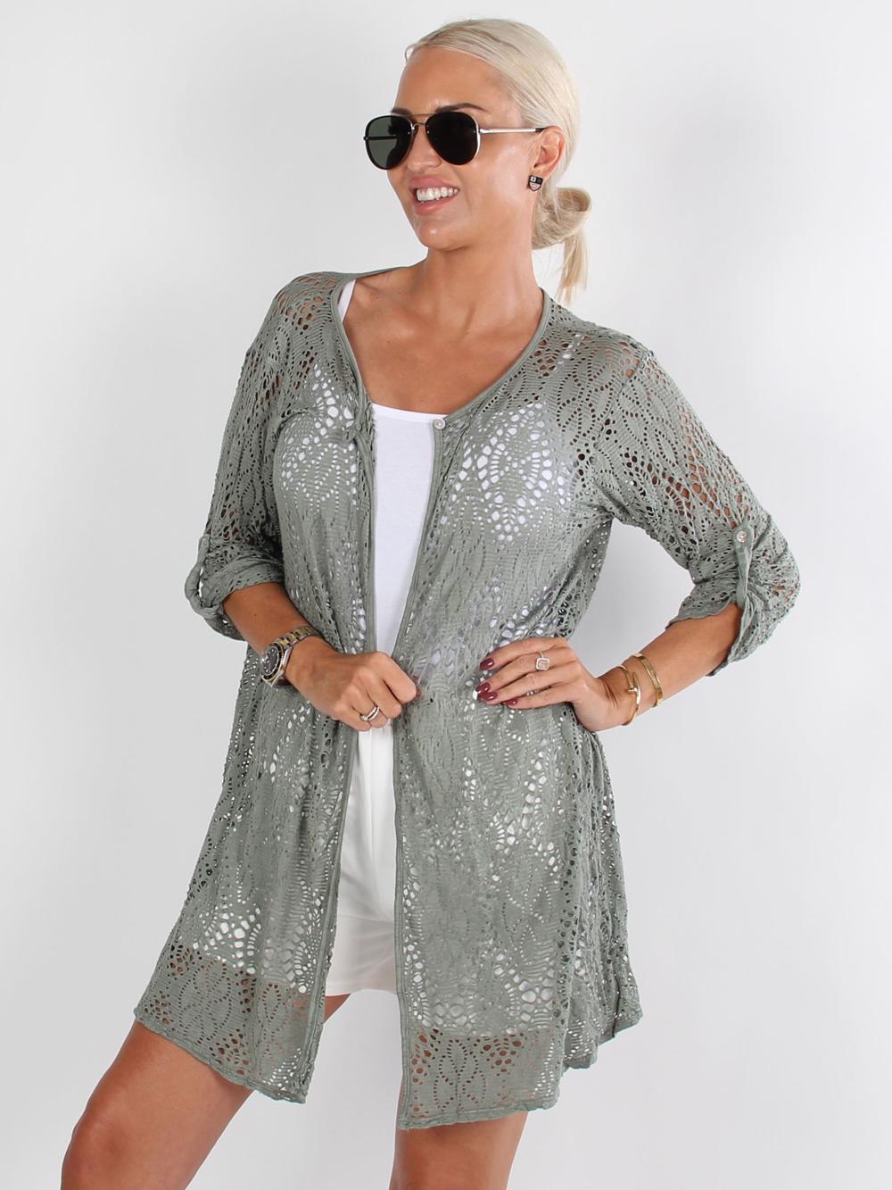 Long Madelyn - Armygrøn cardigan i hæklet look