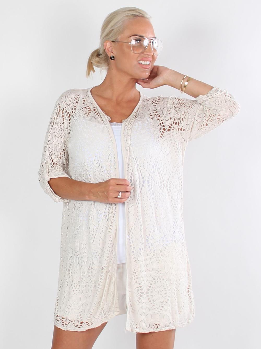 Long Madelyn - Armygrøn cardigan i hæklet look