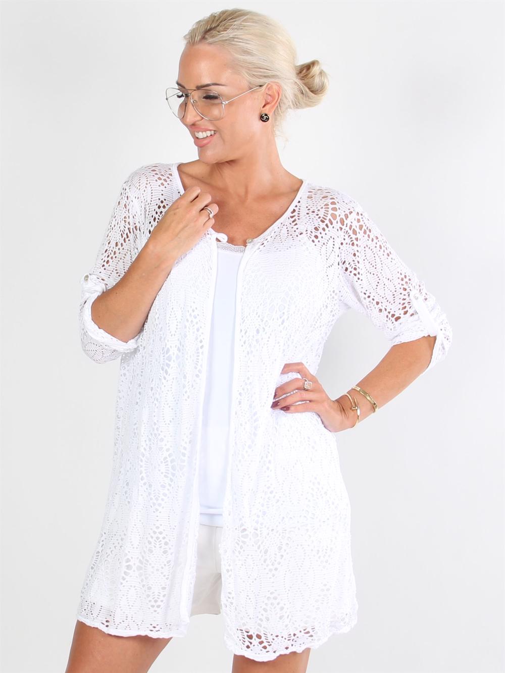 Long Madelyn - Armygrøn cardigan i hæklet look