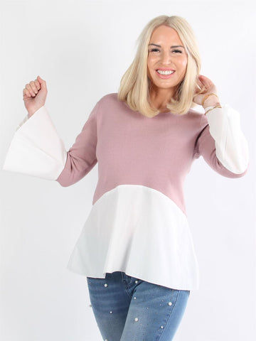 Lova - Armygrøn striktrøje med hvidt skjortelook forneden og på ærmerne