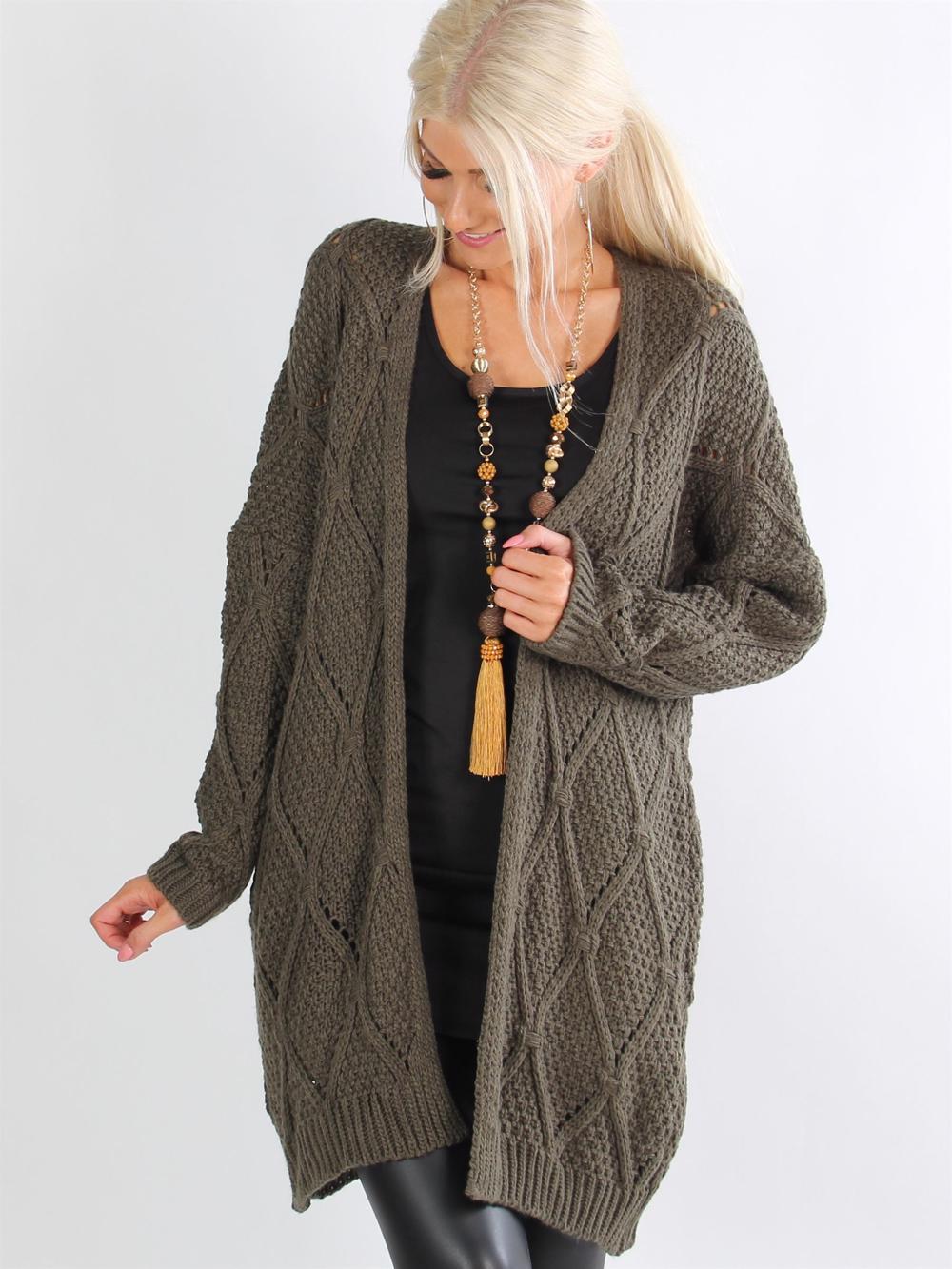 Merit - Armygrøn strikcardigan med harlekin mønster