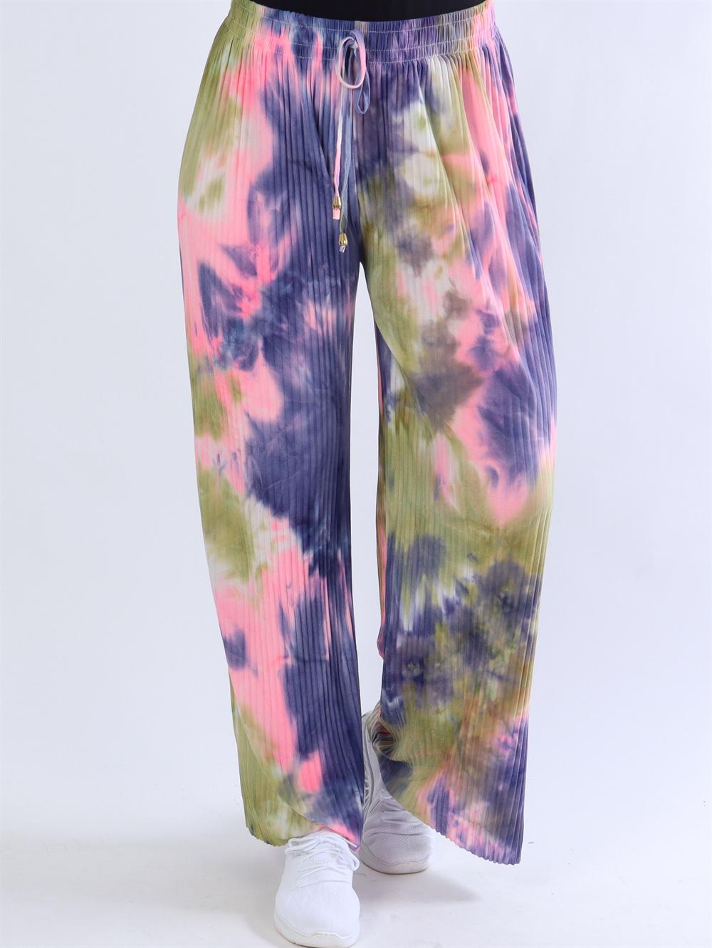 Mikkeline - Plisseret bukser i army, rosa og lilla nuancer