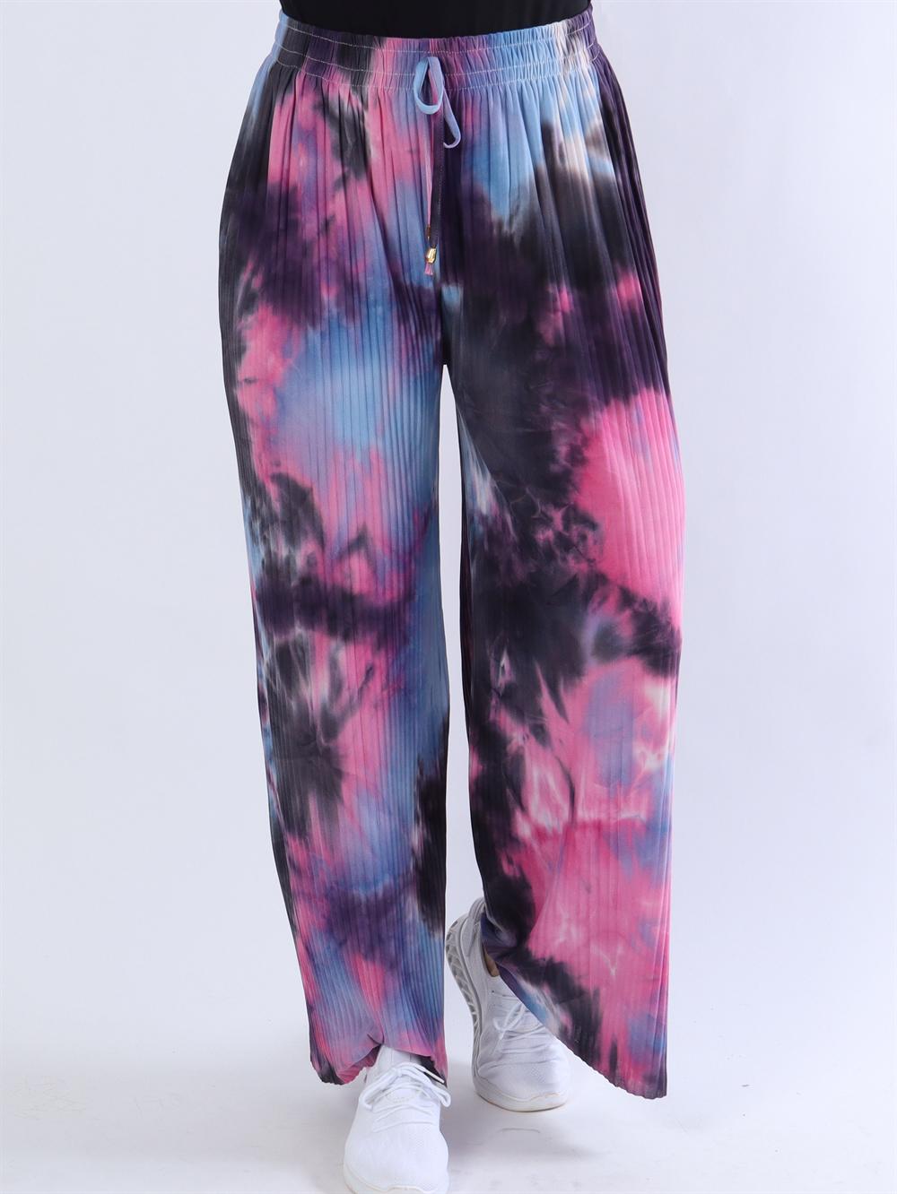 Mikkeline - Plisseret bukser i army, rosa og lilla nuancer