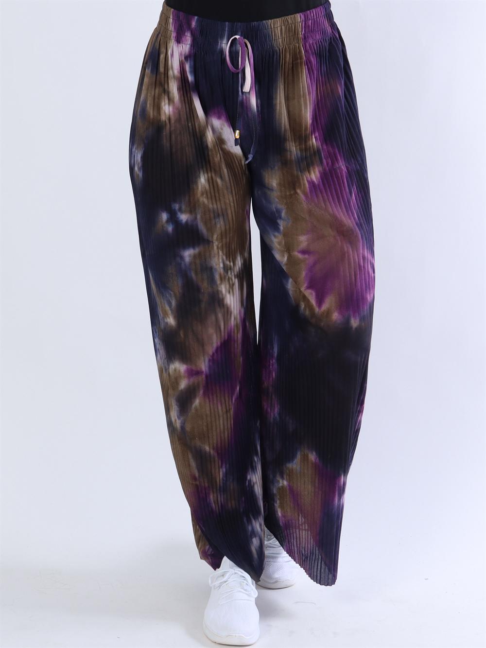 Mikkeline - Plisseret bukser i army, rosa og lilla nuancer