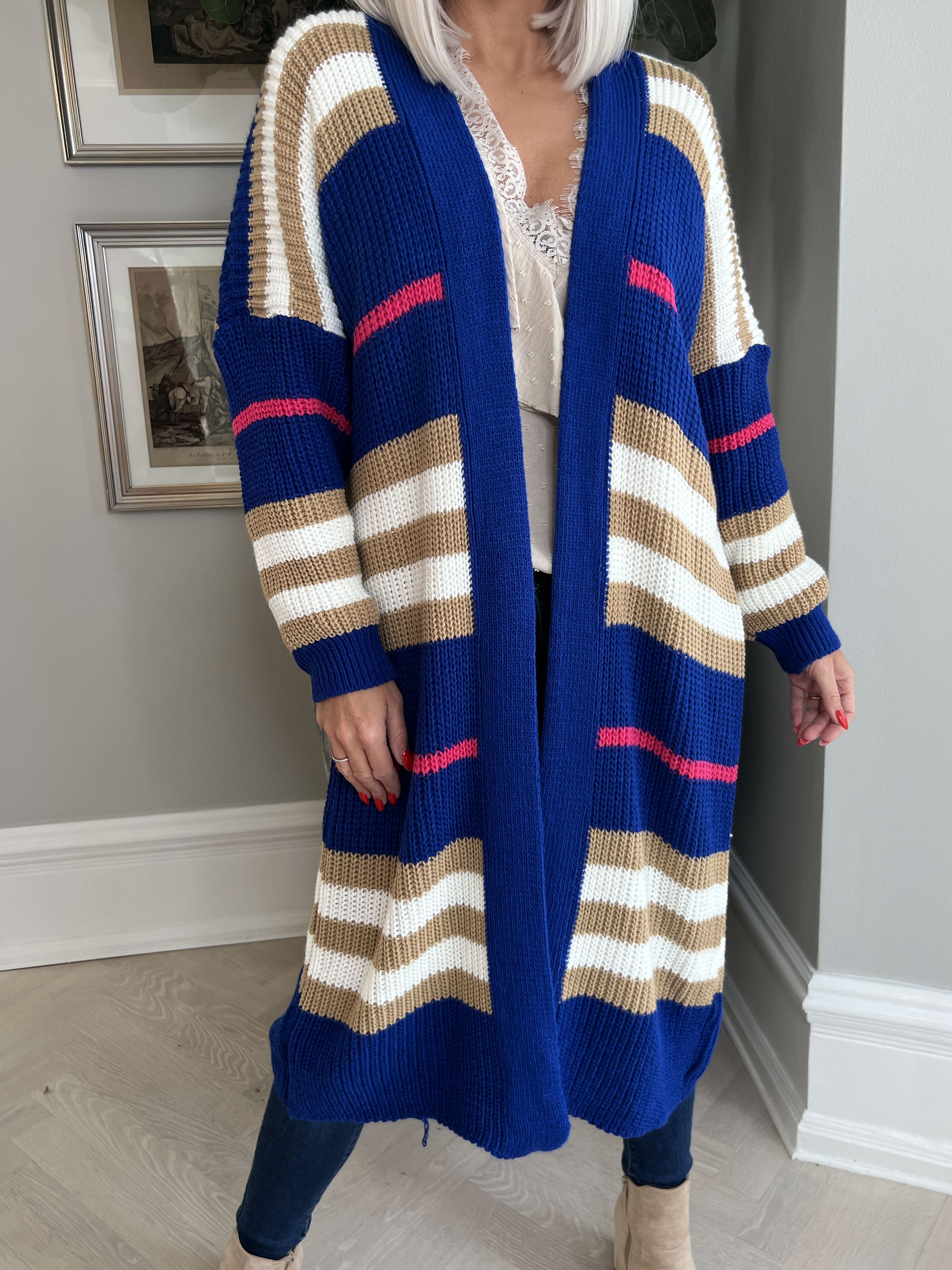 Mikla - Lang stribet cardigan i strik