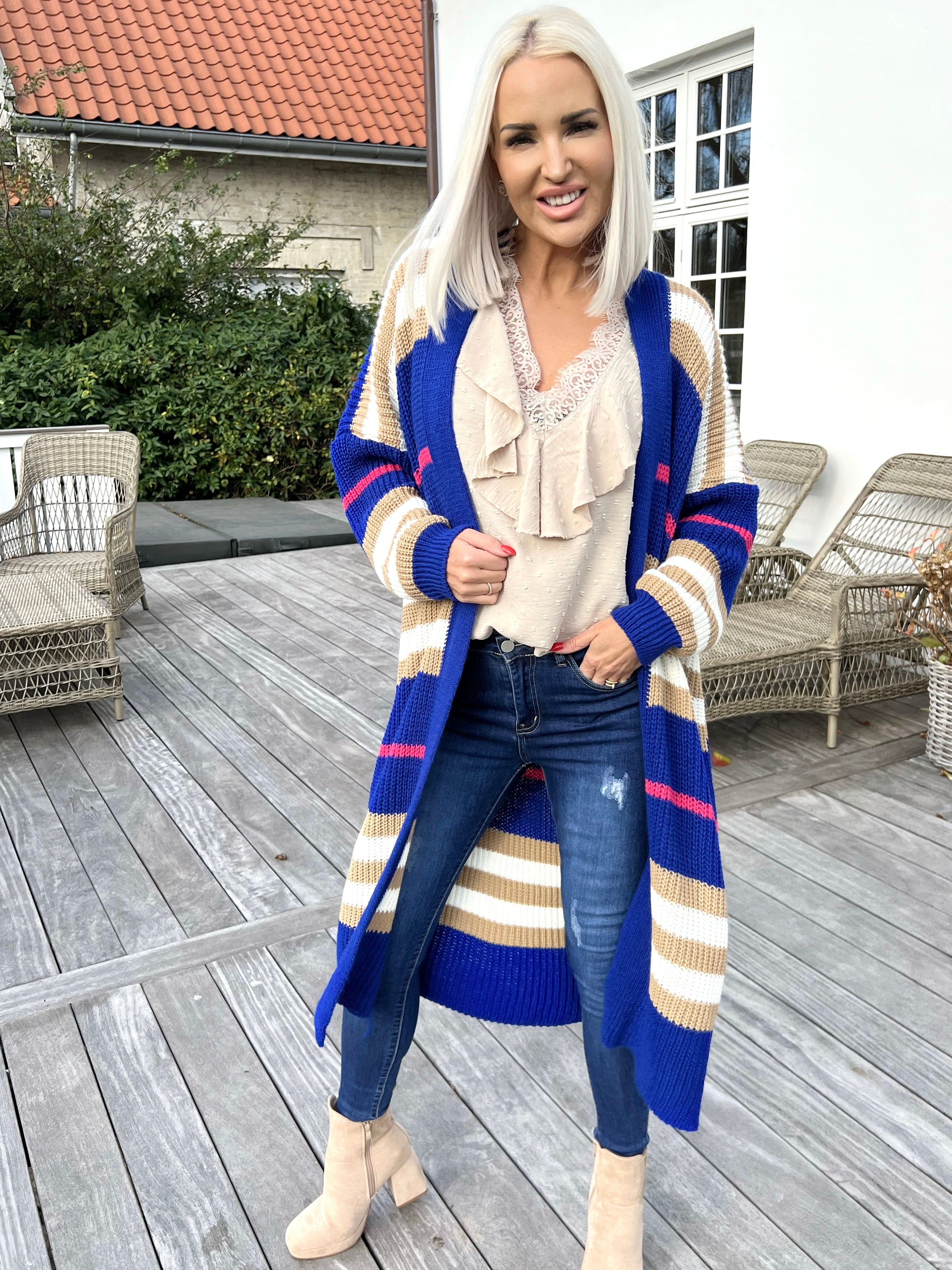 Mikla - Lang stribet cardigan i strik