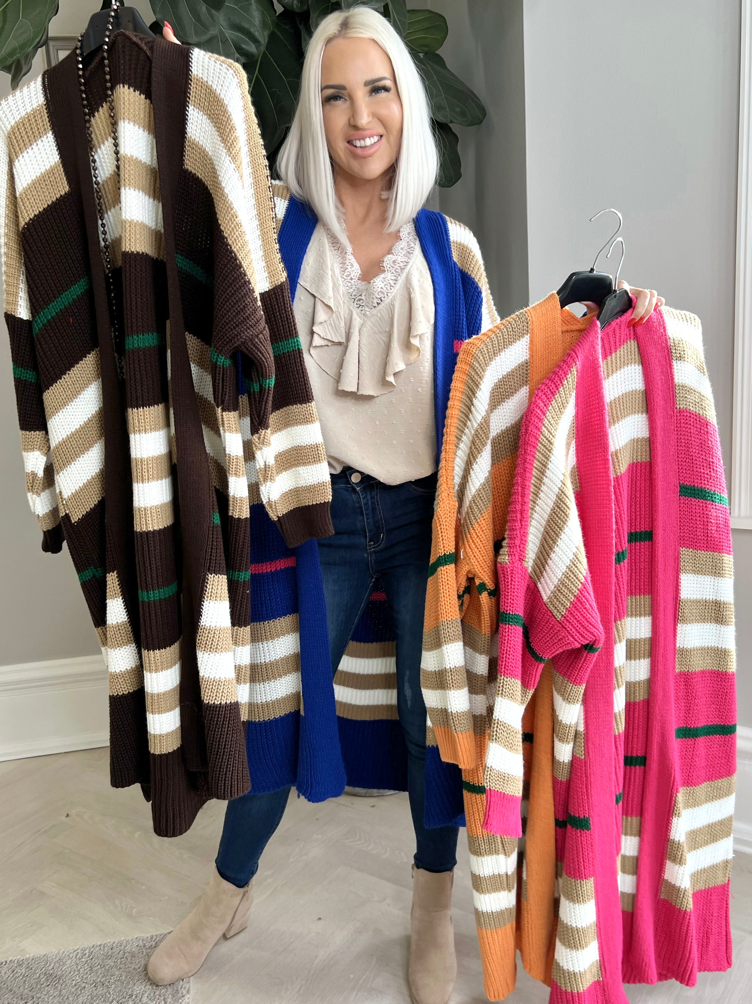 Mikla - Lang stribet cardigan i strik