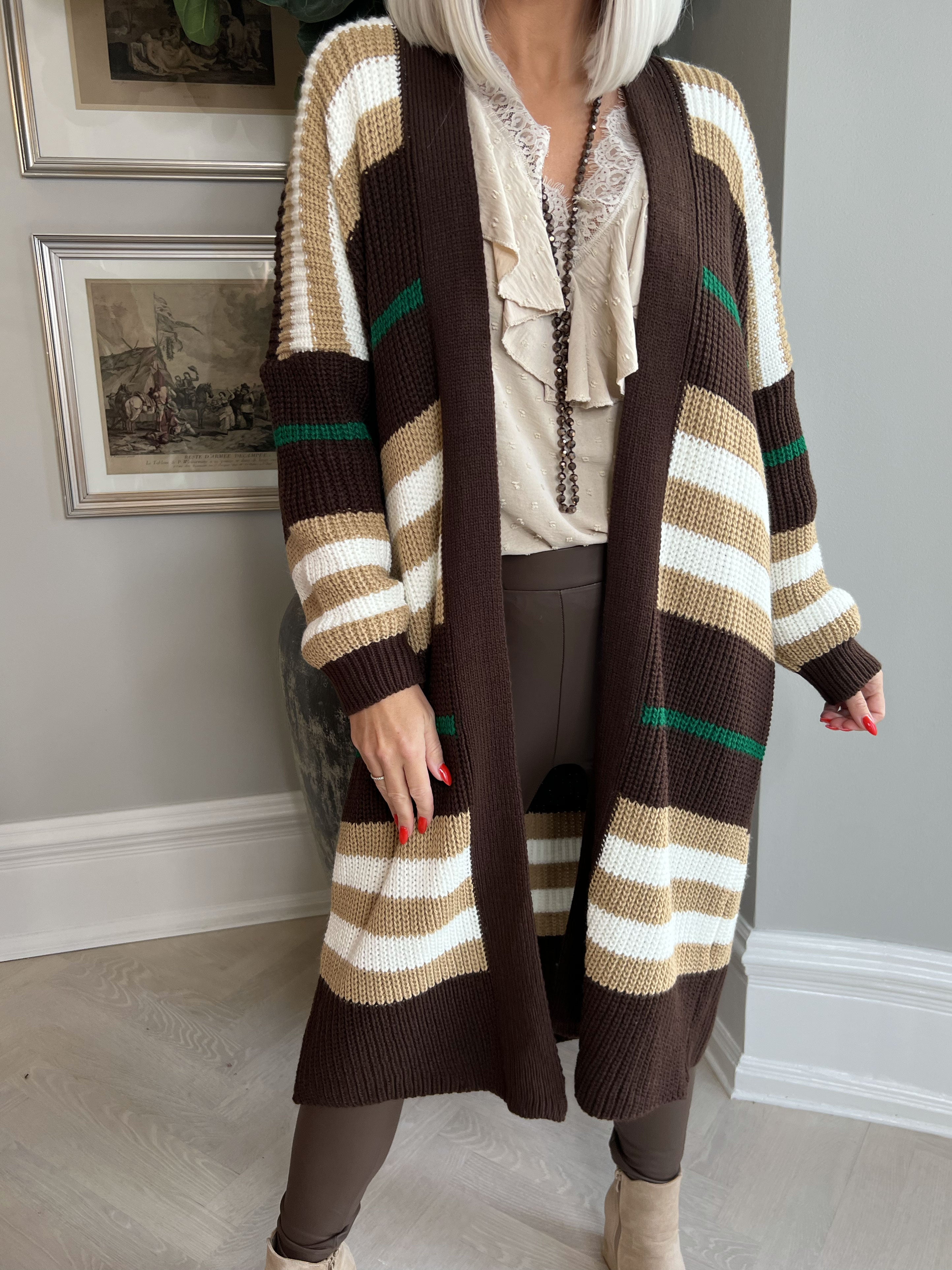 Mikla - Lang stribet cardigan i strik