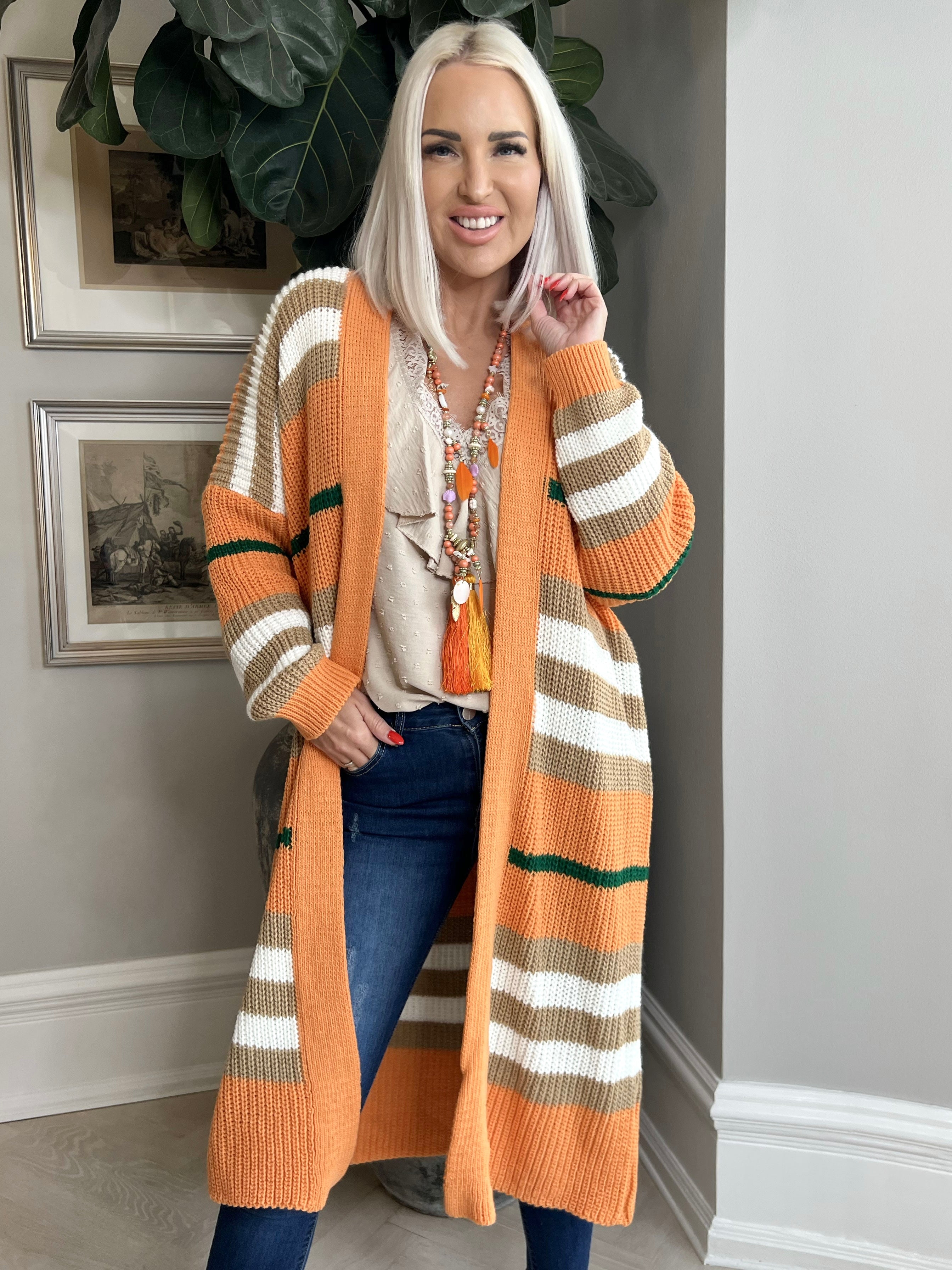 Mikla - Lang stribet cardigan i strik