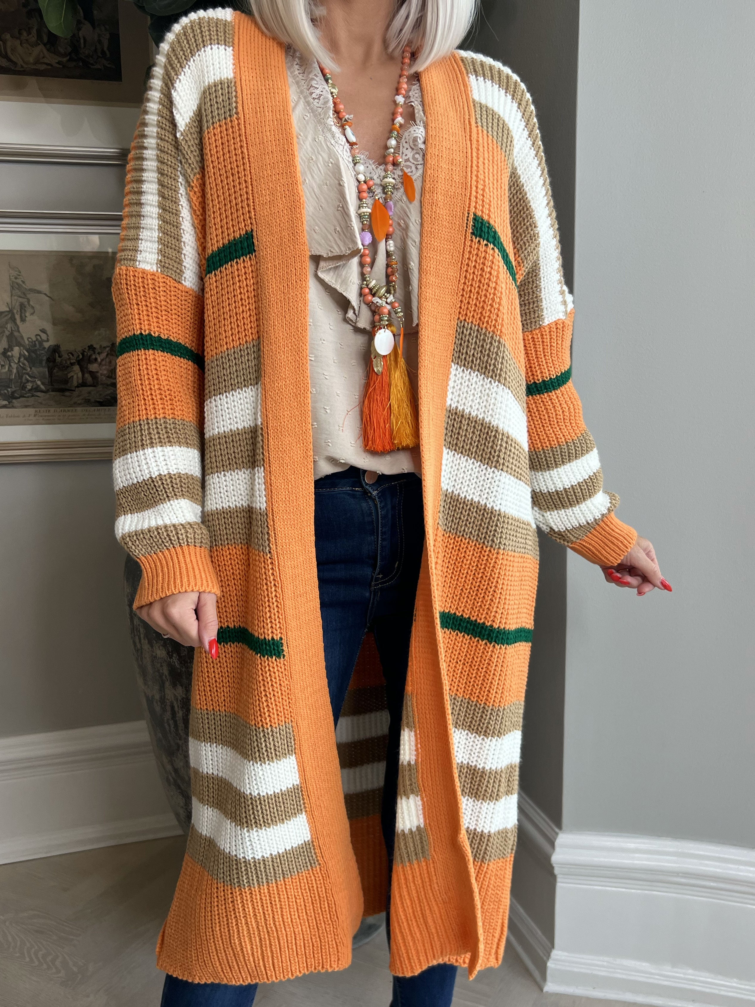 Mikla - Lang stribet cardigan i strik