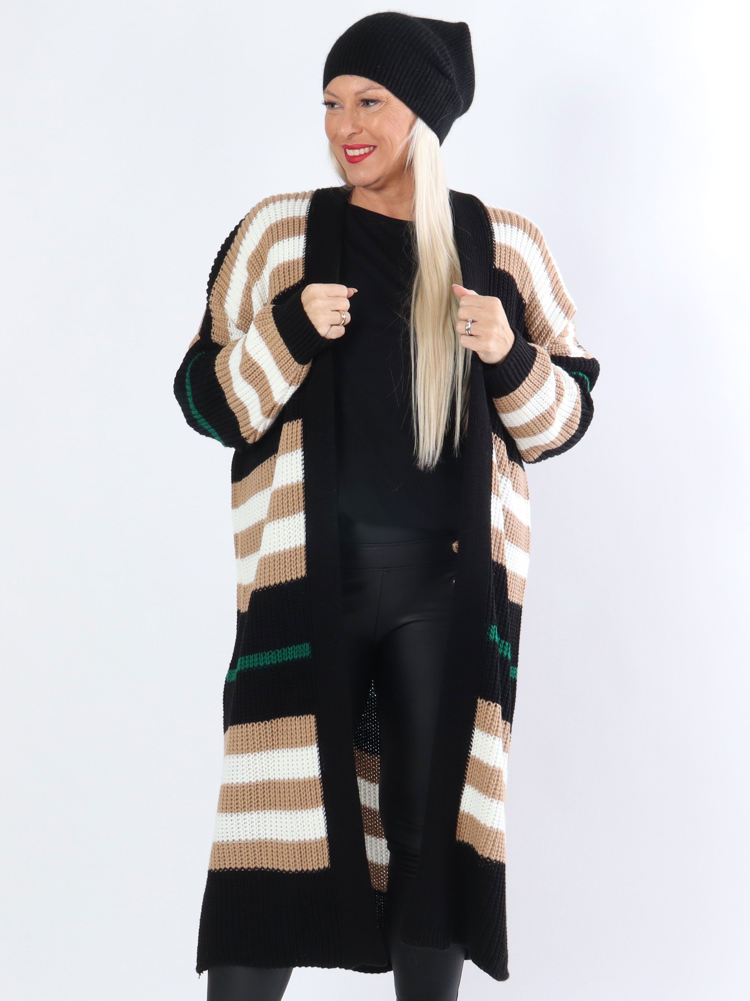 Mikla - Lang stribet plus size cardigan i strik