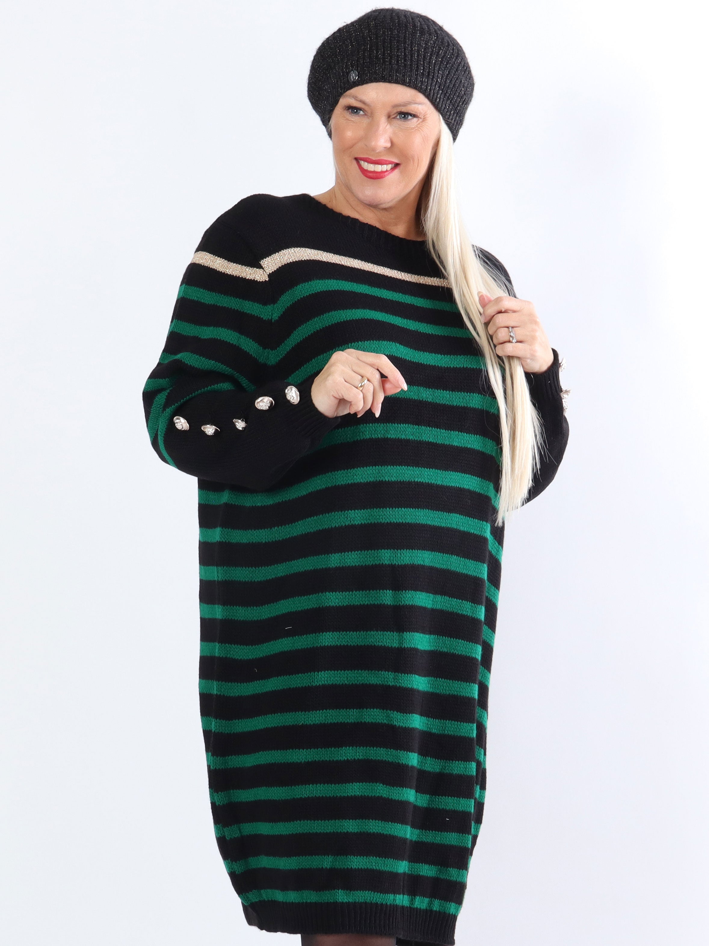 Mirindi - Plus size strikkjole med striber og knapper