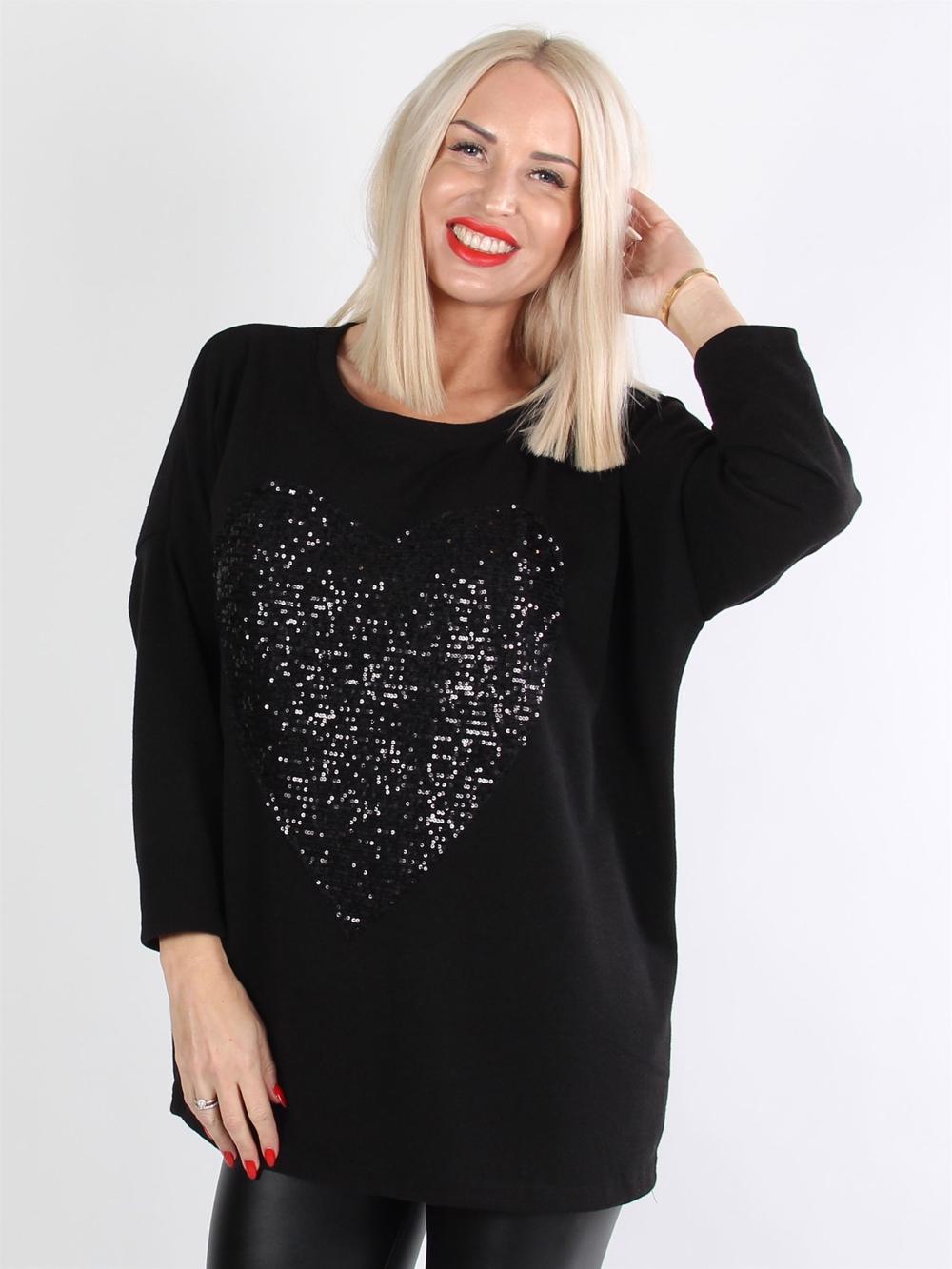 Mitzi - Sort bluse med stort hjerte af sorte pailletter