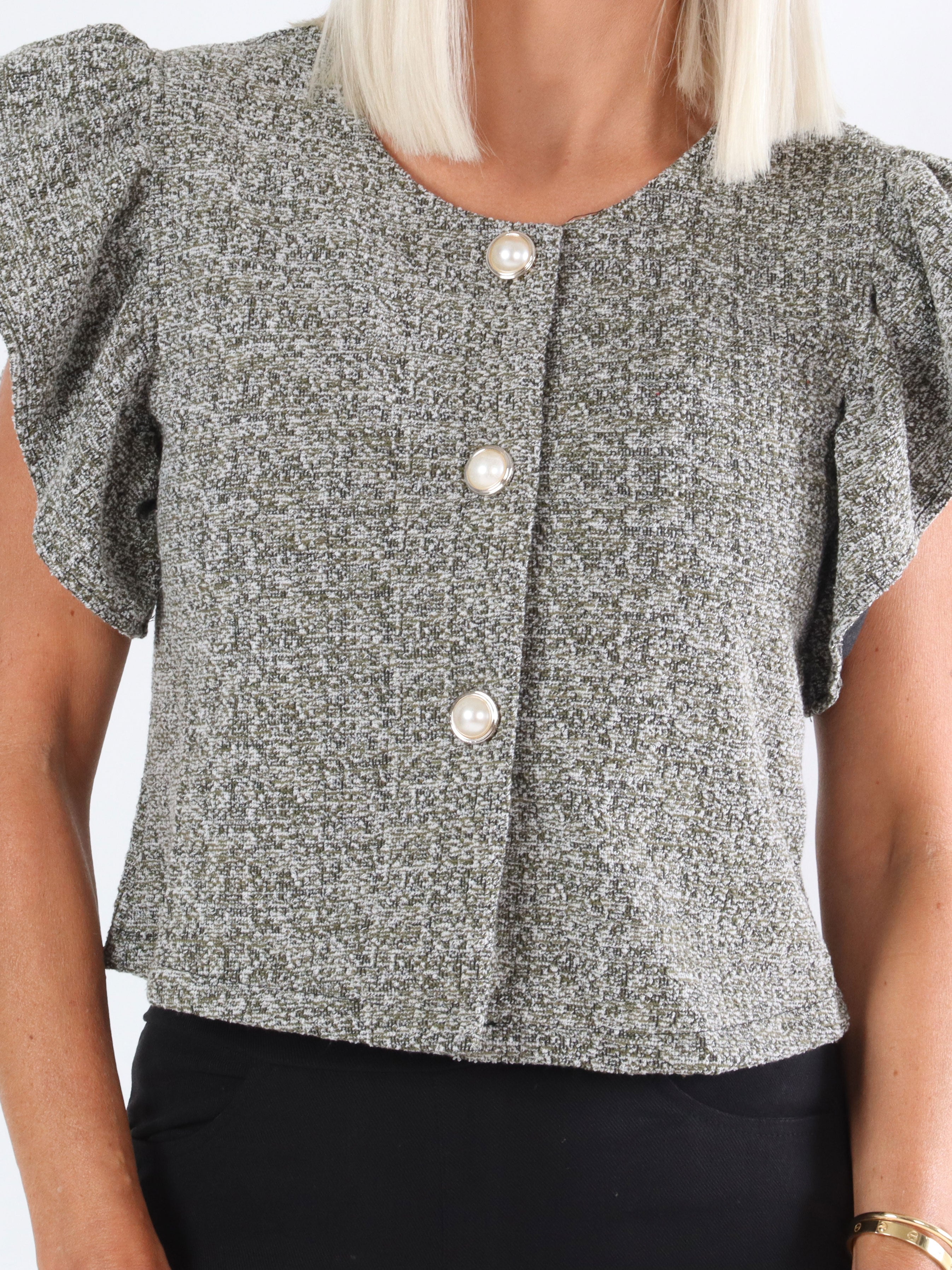 Molly meleret - Fin cardigan i meleret stof med perleknapper