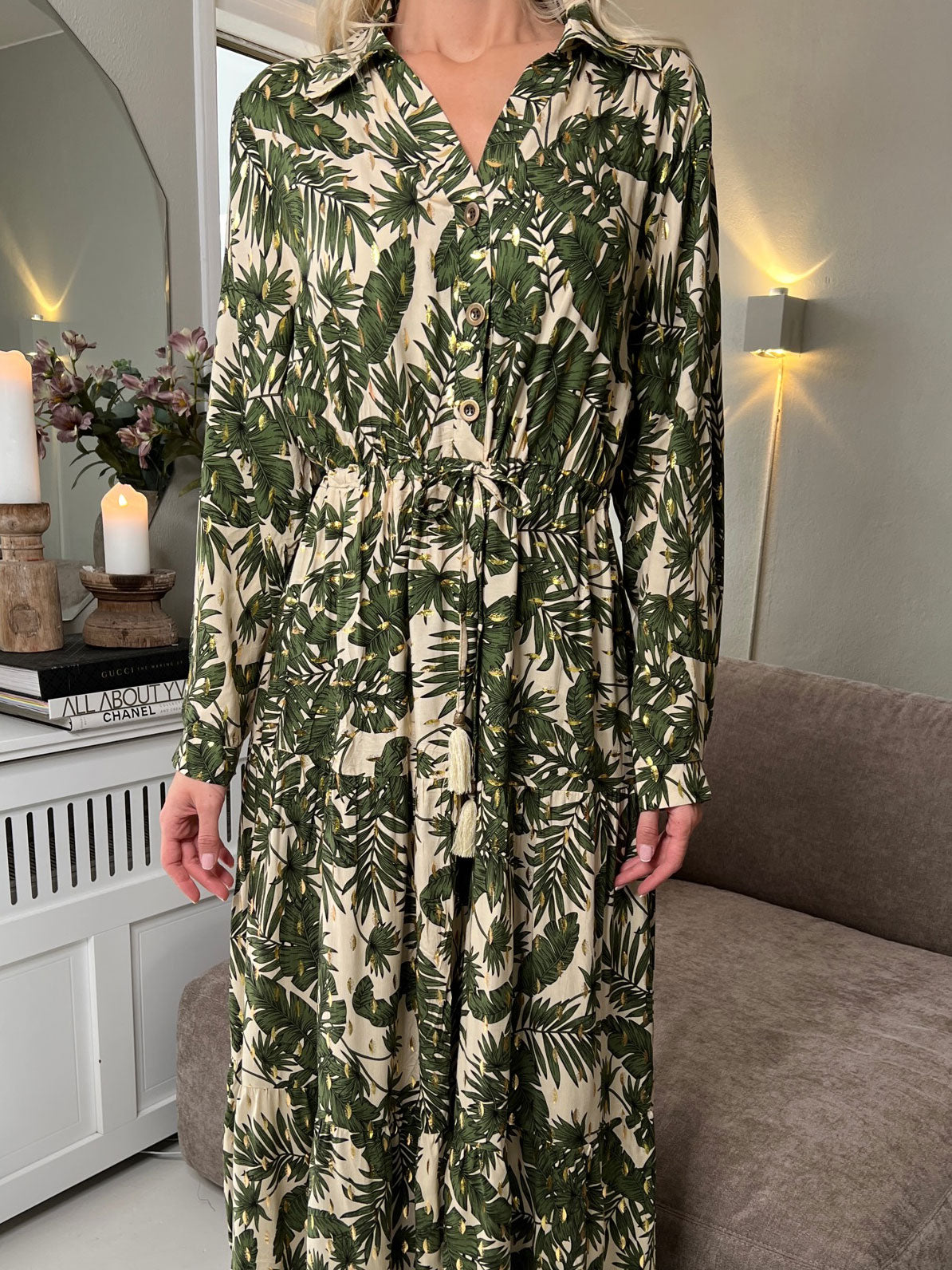 Naia - Lang skjortekjole med mønster og bindebånd