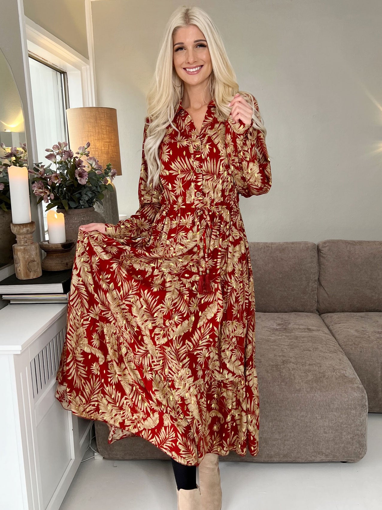 Naia - Lang skjortekjole med mønster og bindebånd