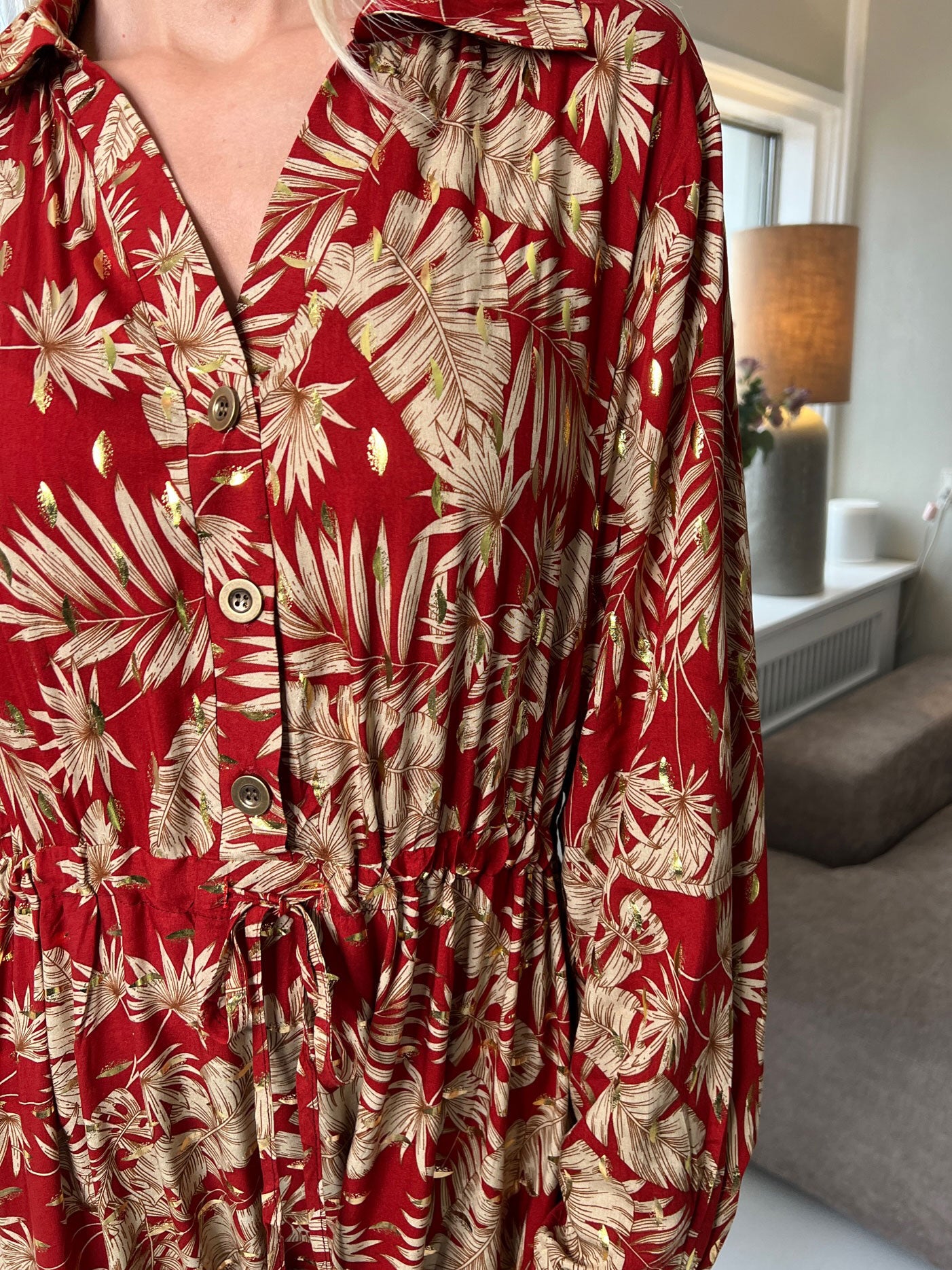 Naia - Lang skjortekjole med mønster og bindebånd