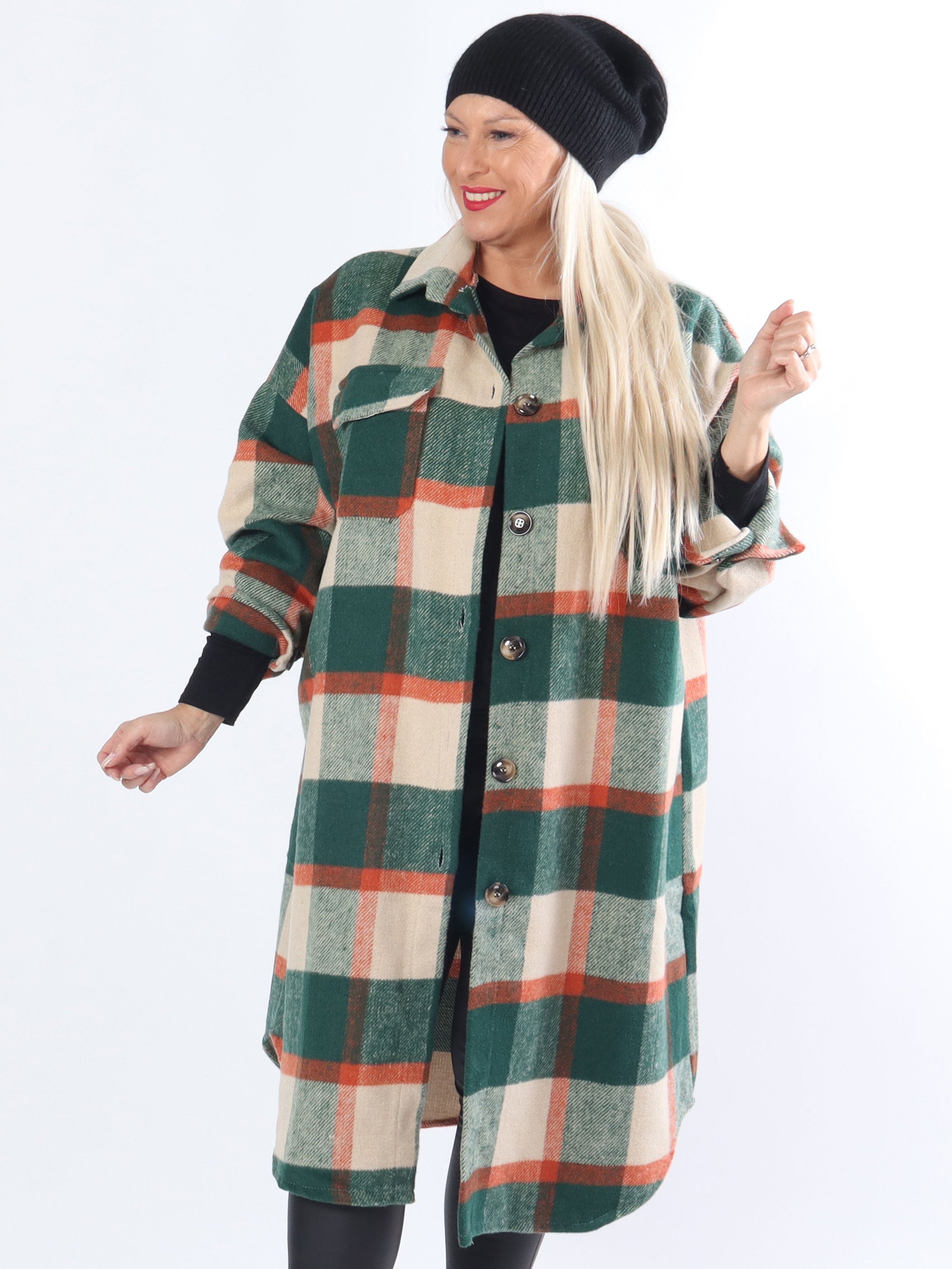 Natalia - Lang ternet plus size jakke med knapper