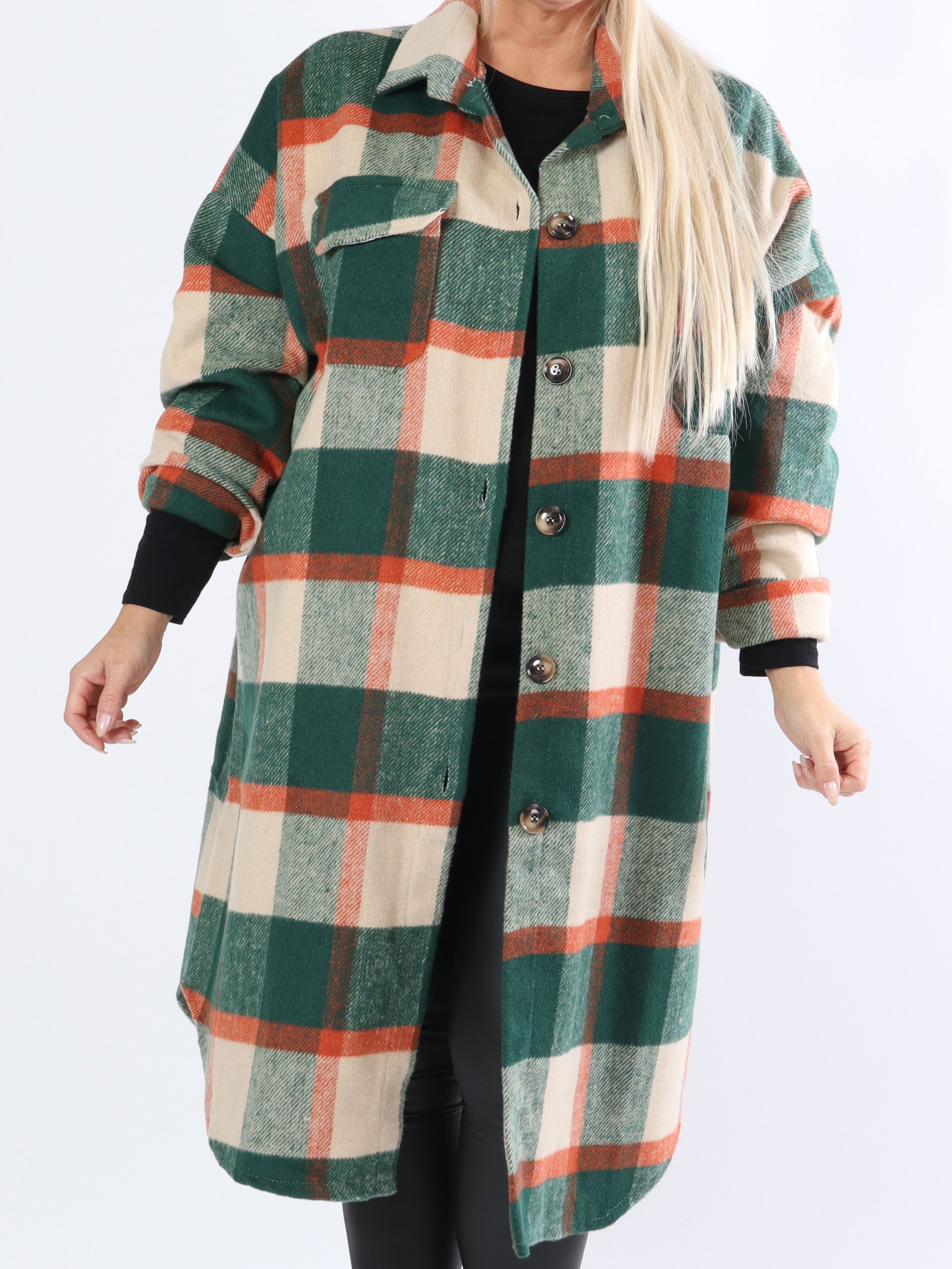 Natalia - Lang ternet plus size jakke med knapper