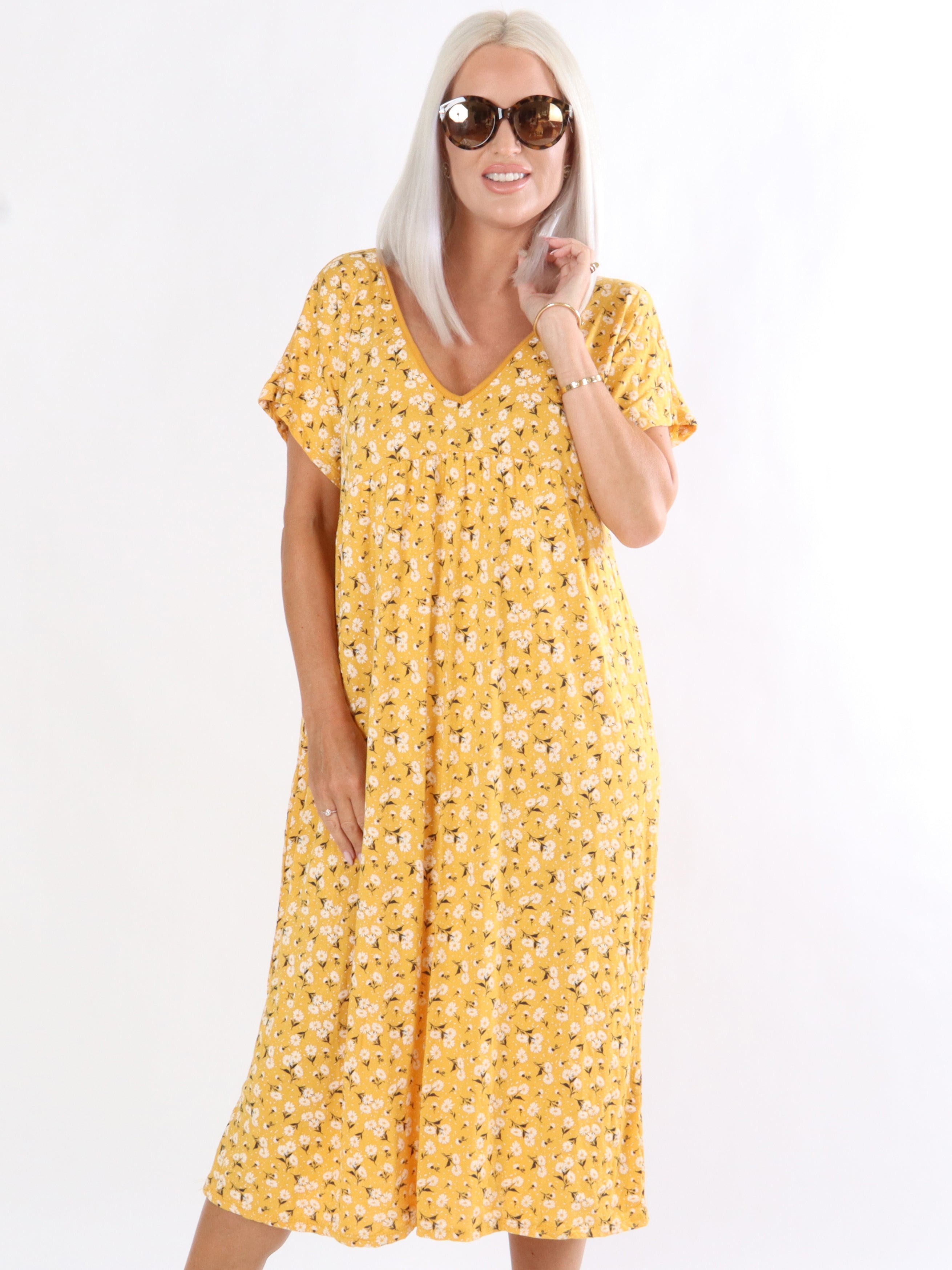 Nega - Lang elastisk kjole i blomsterprint