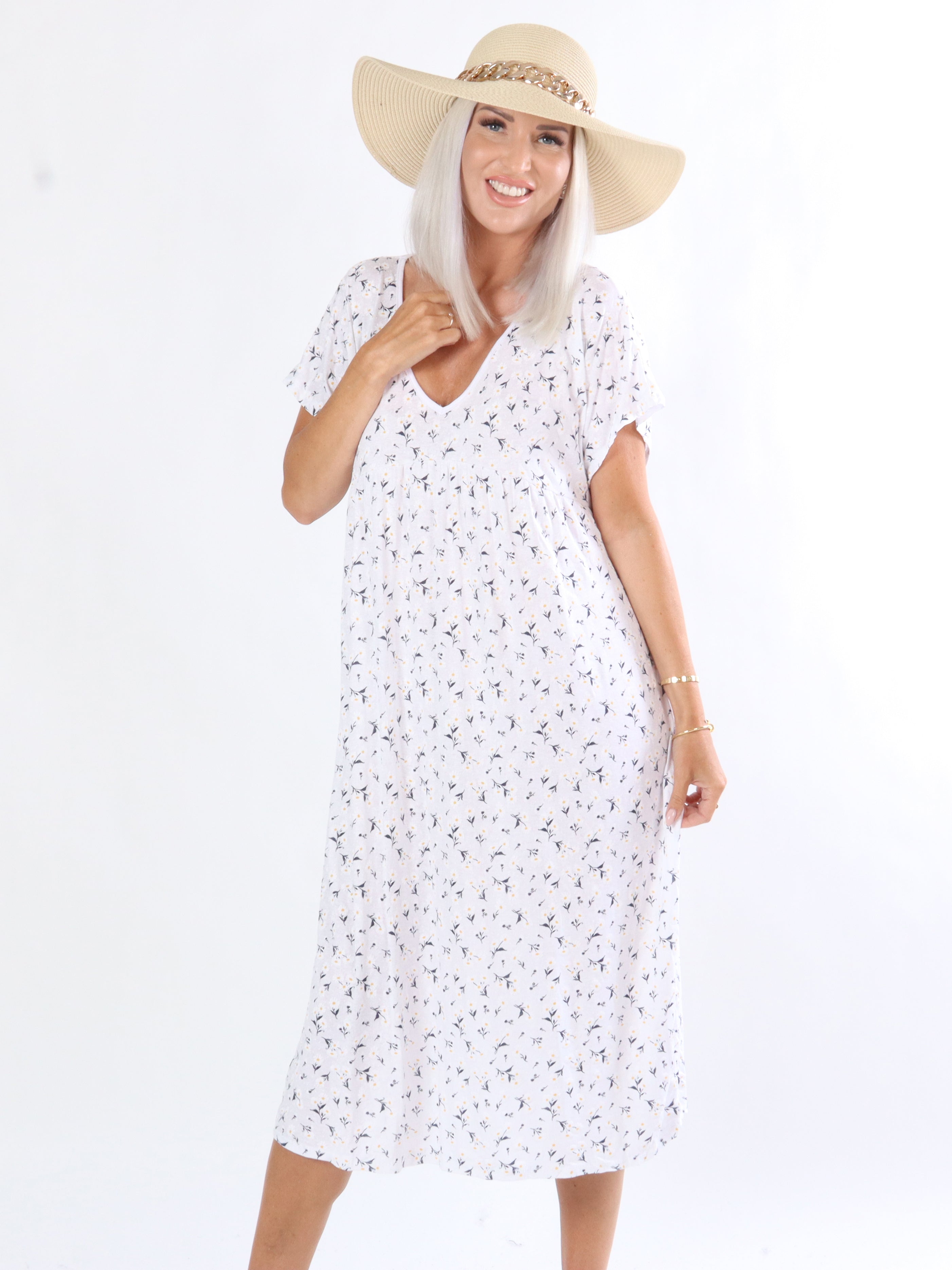 Nega - Lang elastisk kjole i blomsterprint