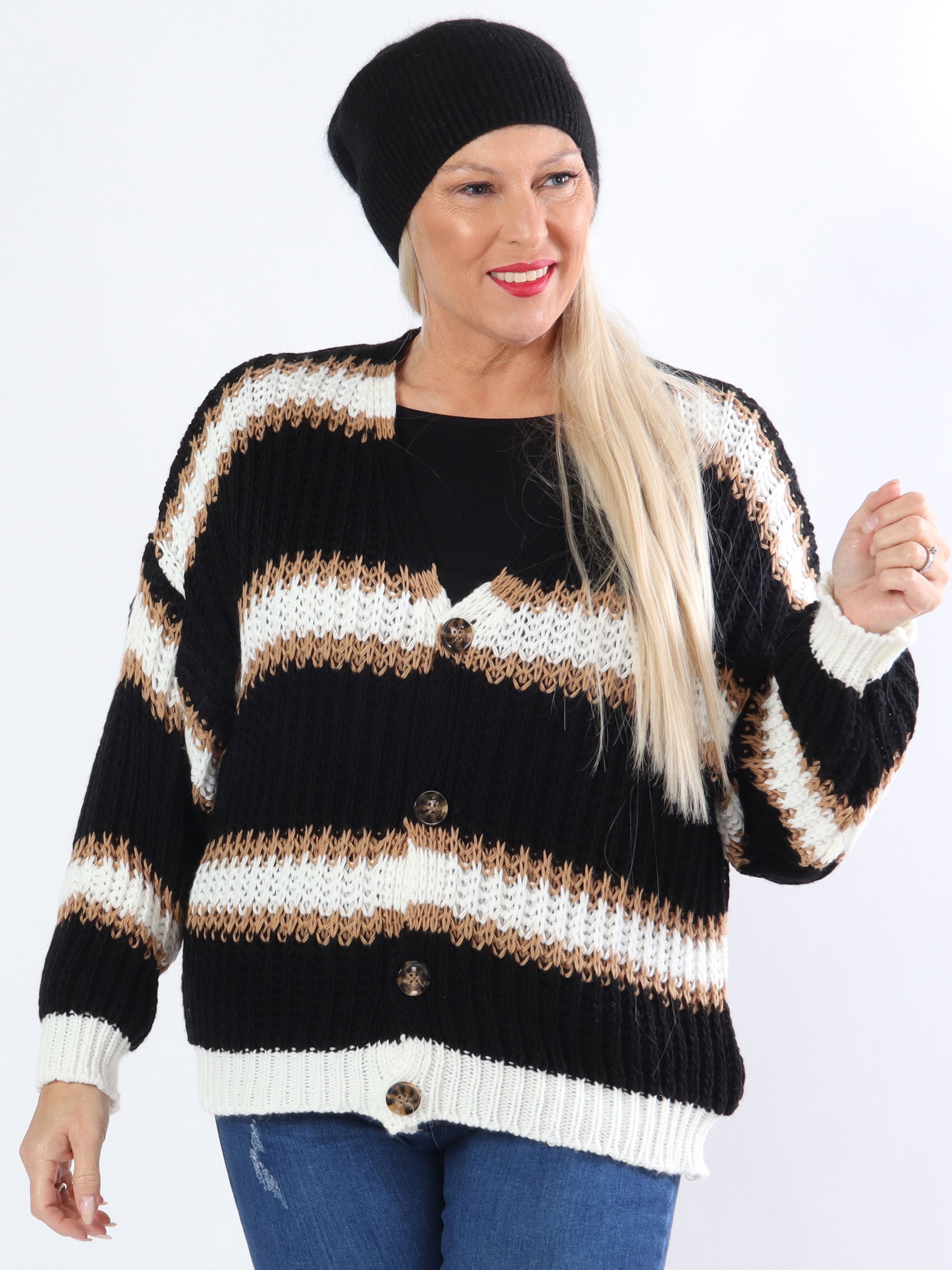 Noelia - Kort strikket plus size cardigan med striber