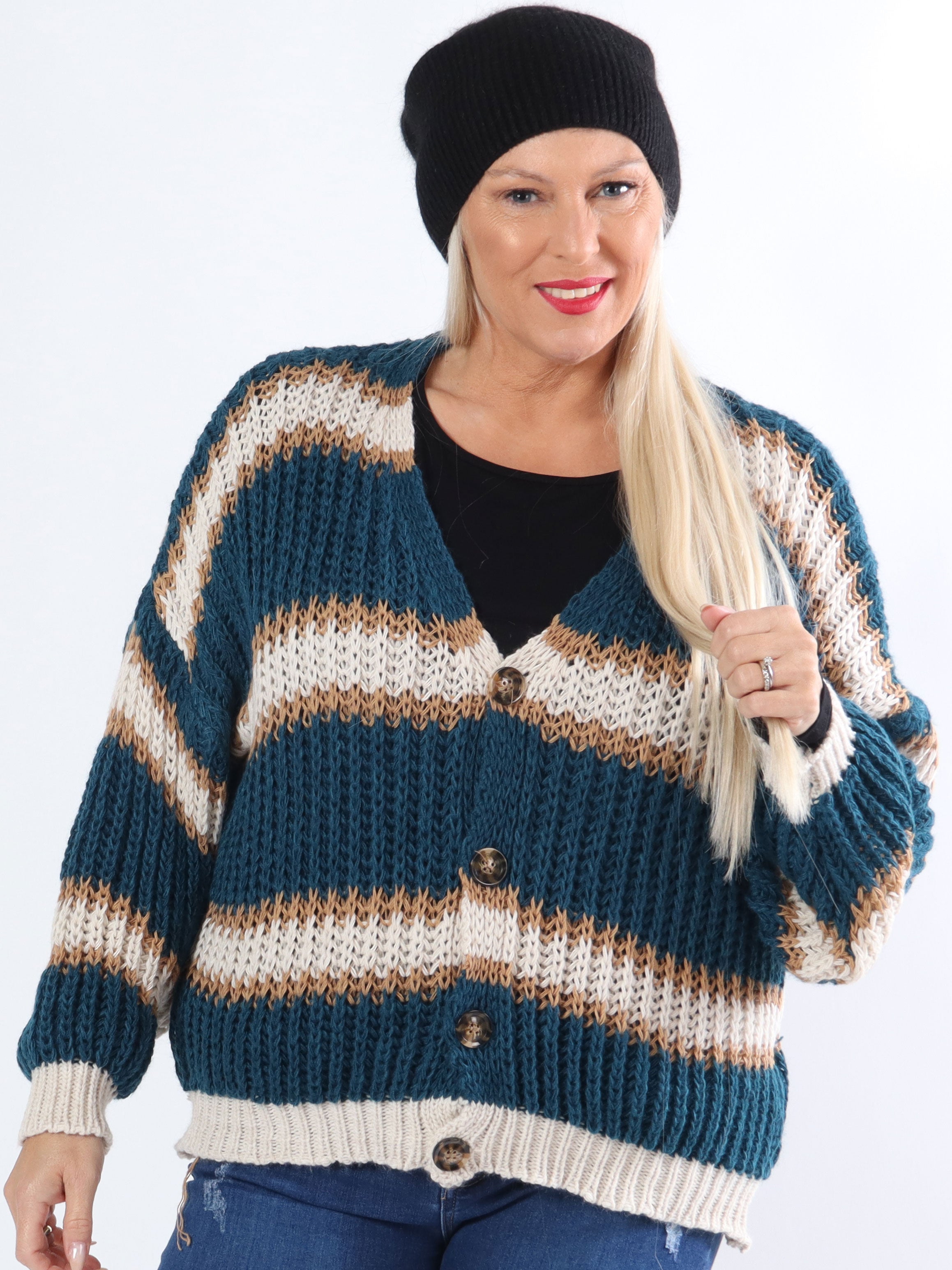Noelia - Kort strikket plus size cardigan med striber