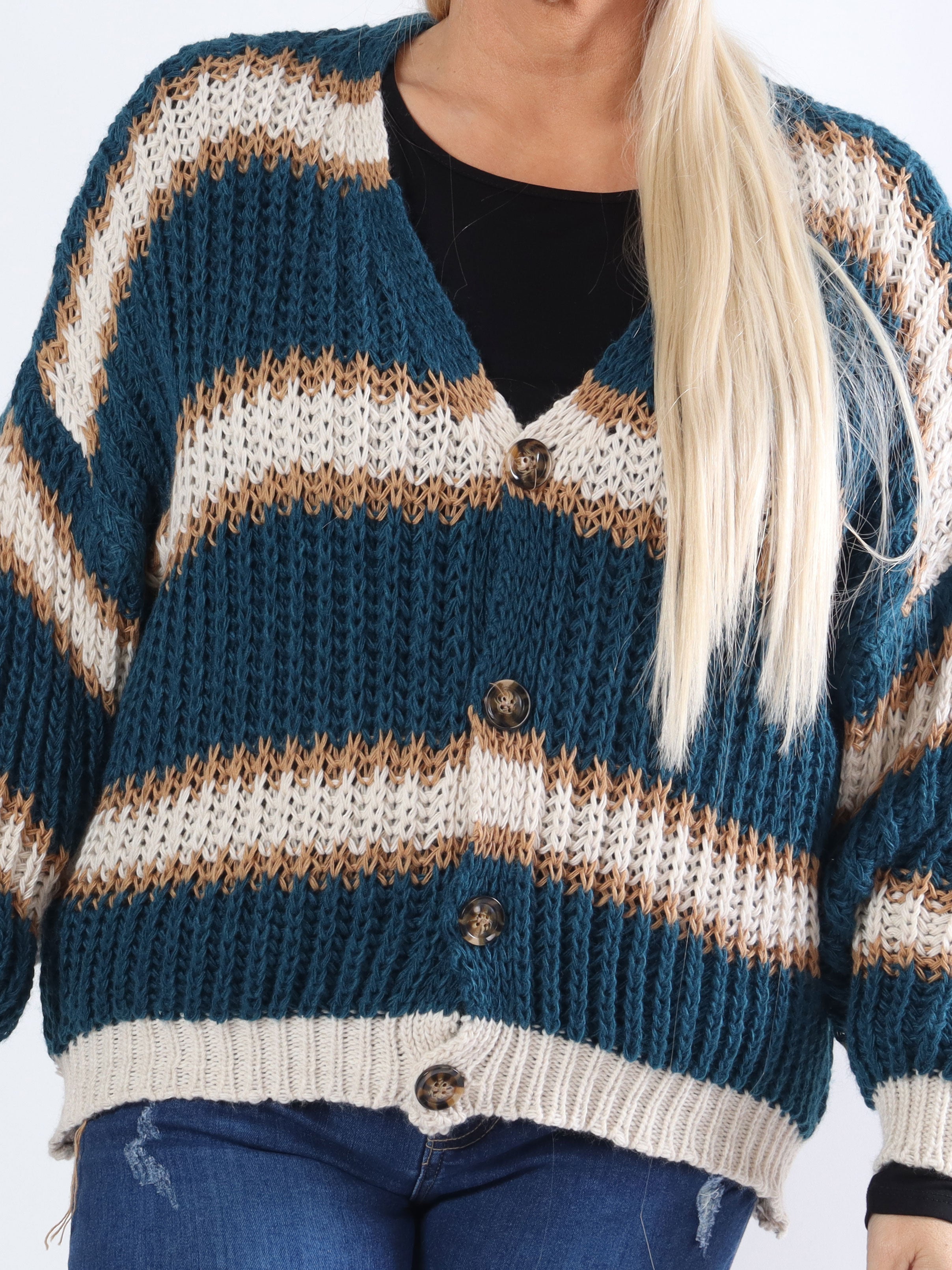 Noelia - Kort strikket plus size cardigan med striber