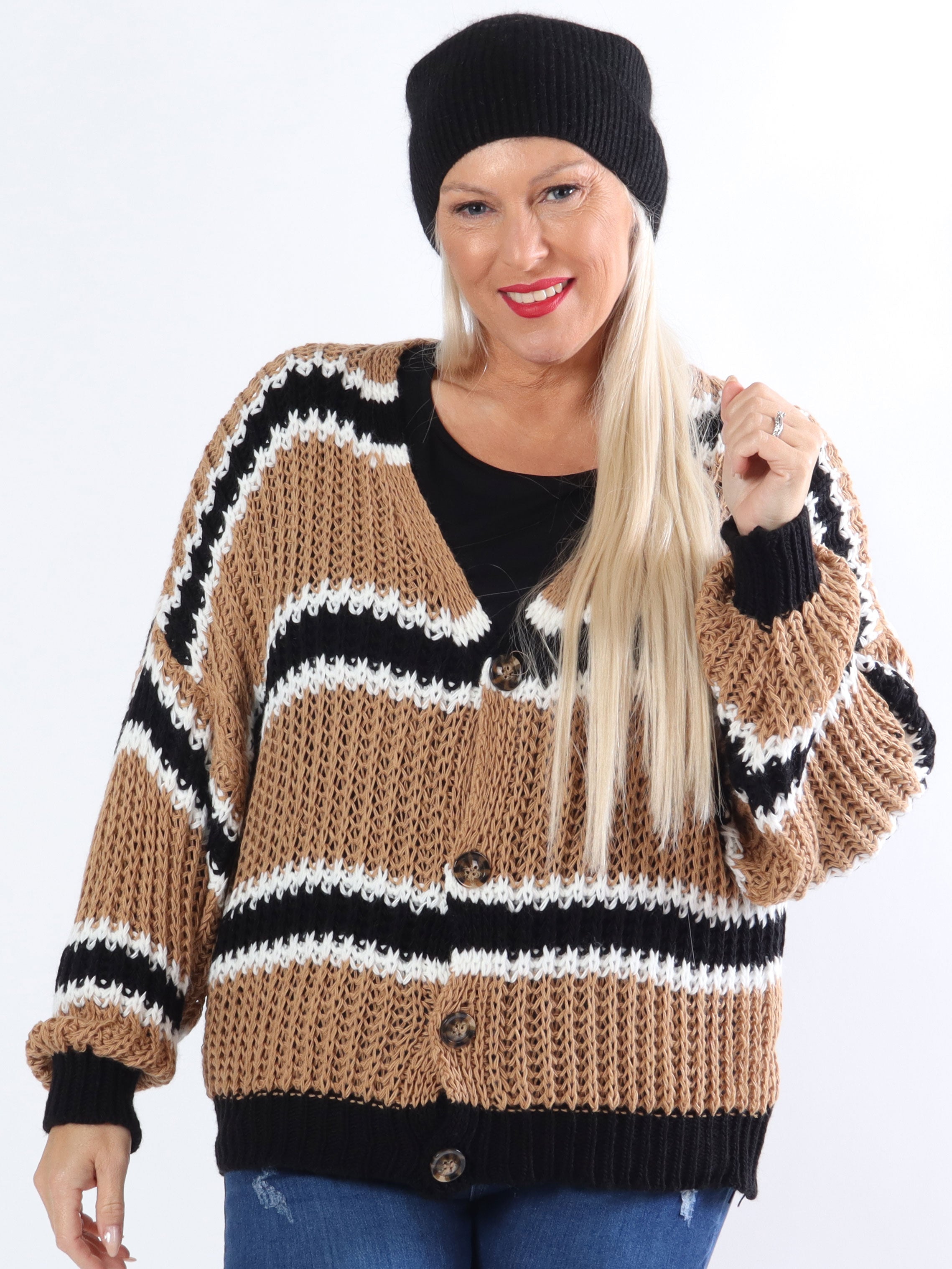 Noelia - Kort strikket plus size cardigan med striber