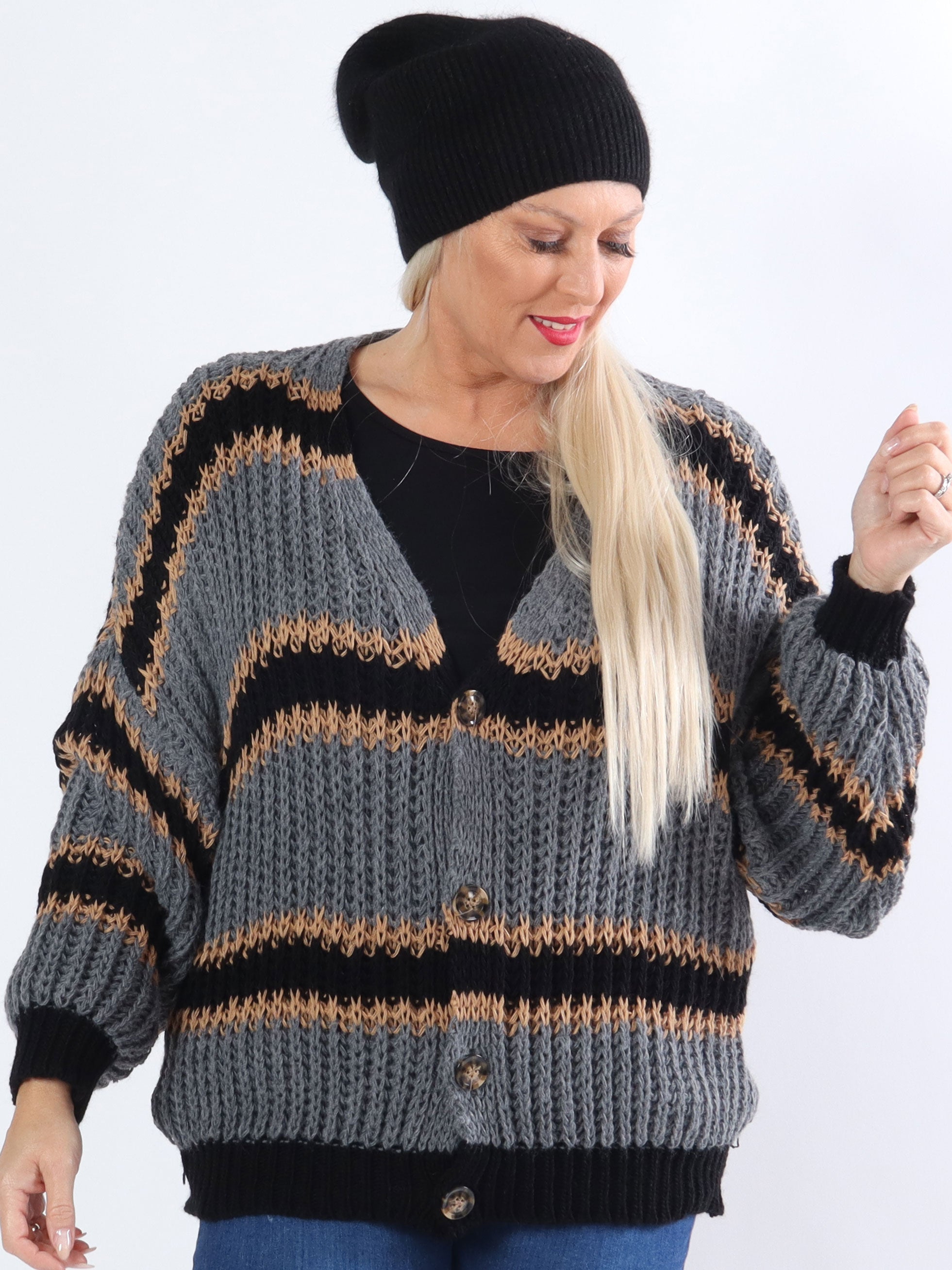 Noelia - Kort strikket plus size cardigan med striber