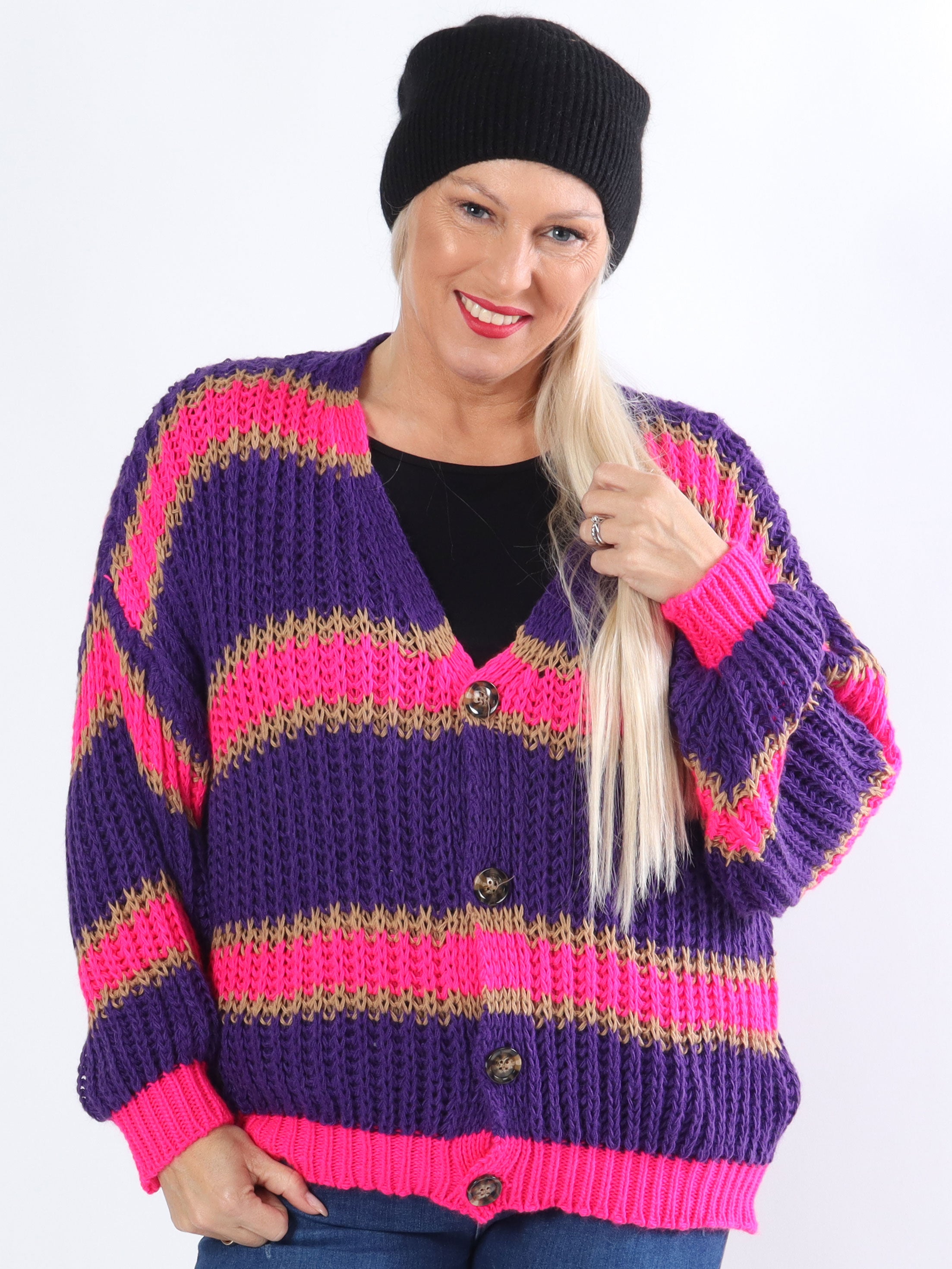 Noelia - Kort strikket plus size cardigan med striber