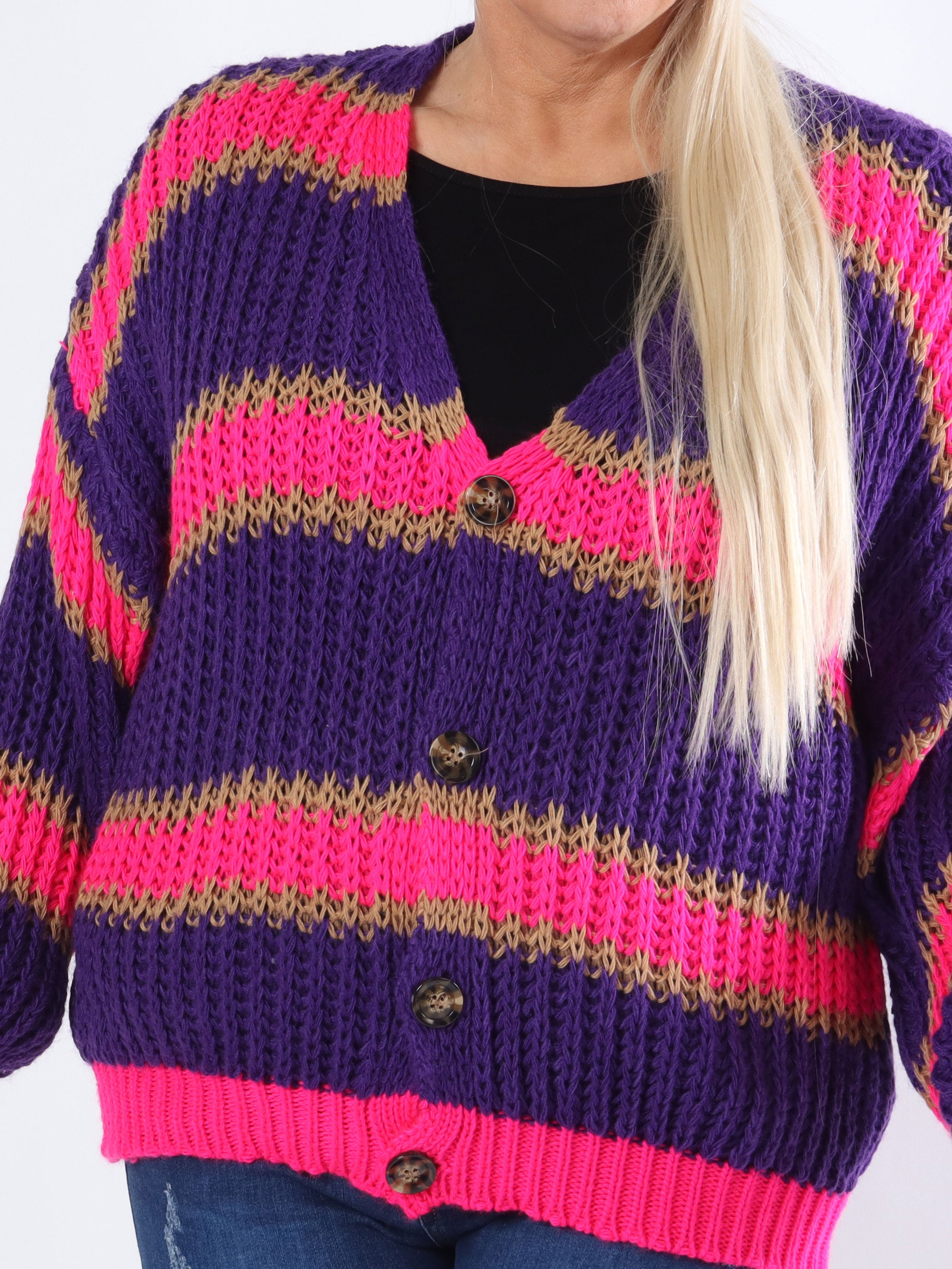 Noelia - Kort strikket plus size cardigan med striber