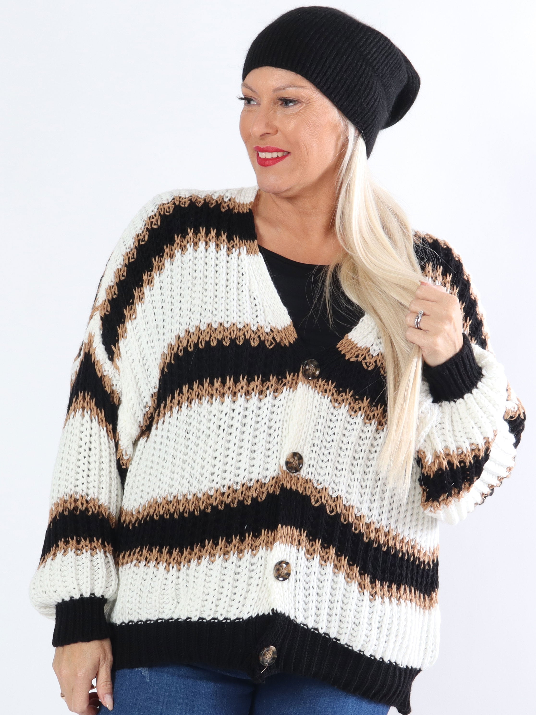 Noelia - Kort strikket plus size cardigan med striber