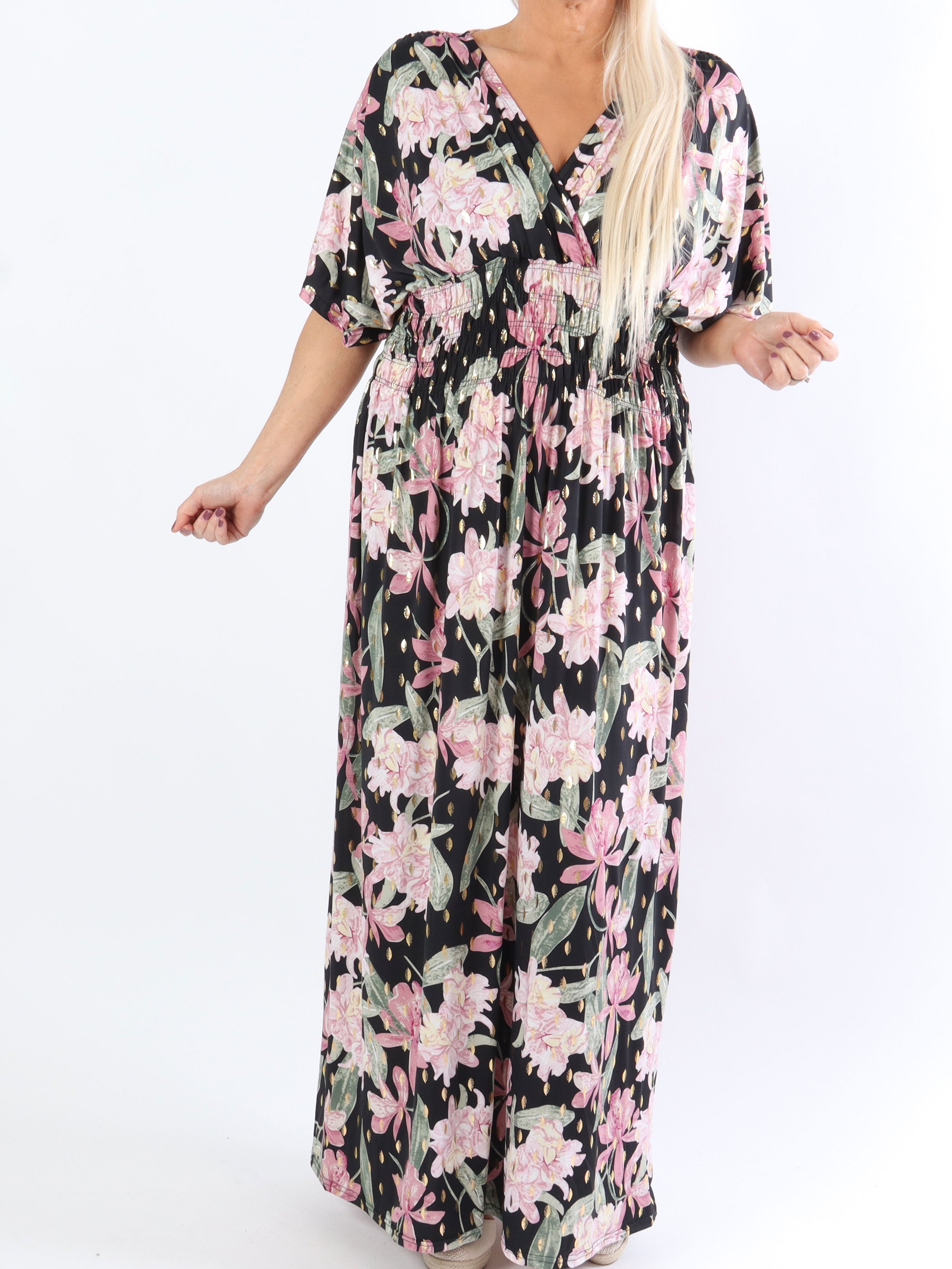 Pams Flower - Lang elastisk plus size kjole i krølfrit stof