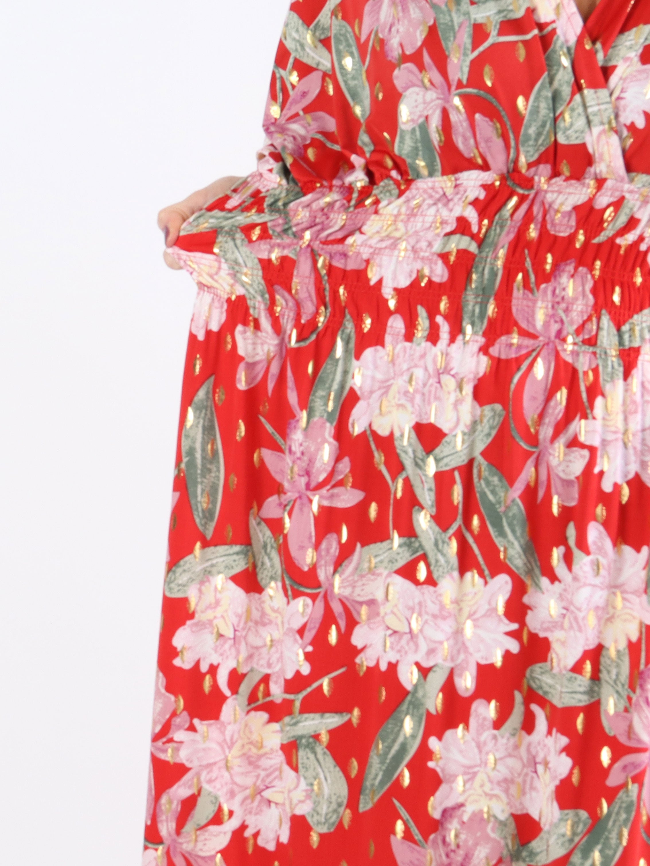 Pams Flower - Lang elastisk plus size kjole i krølfrit stof