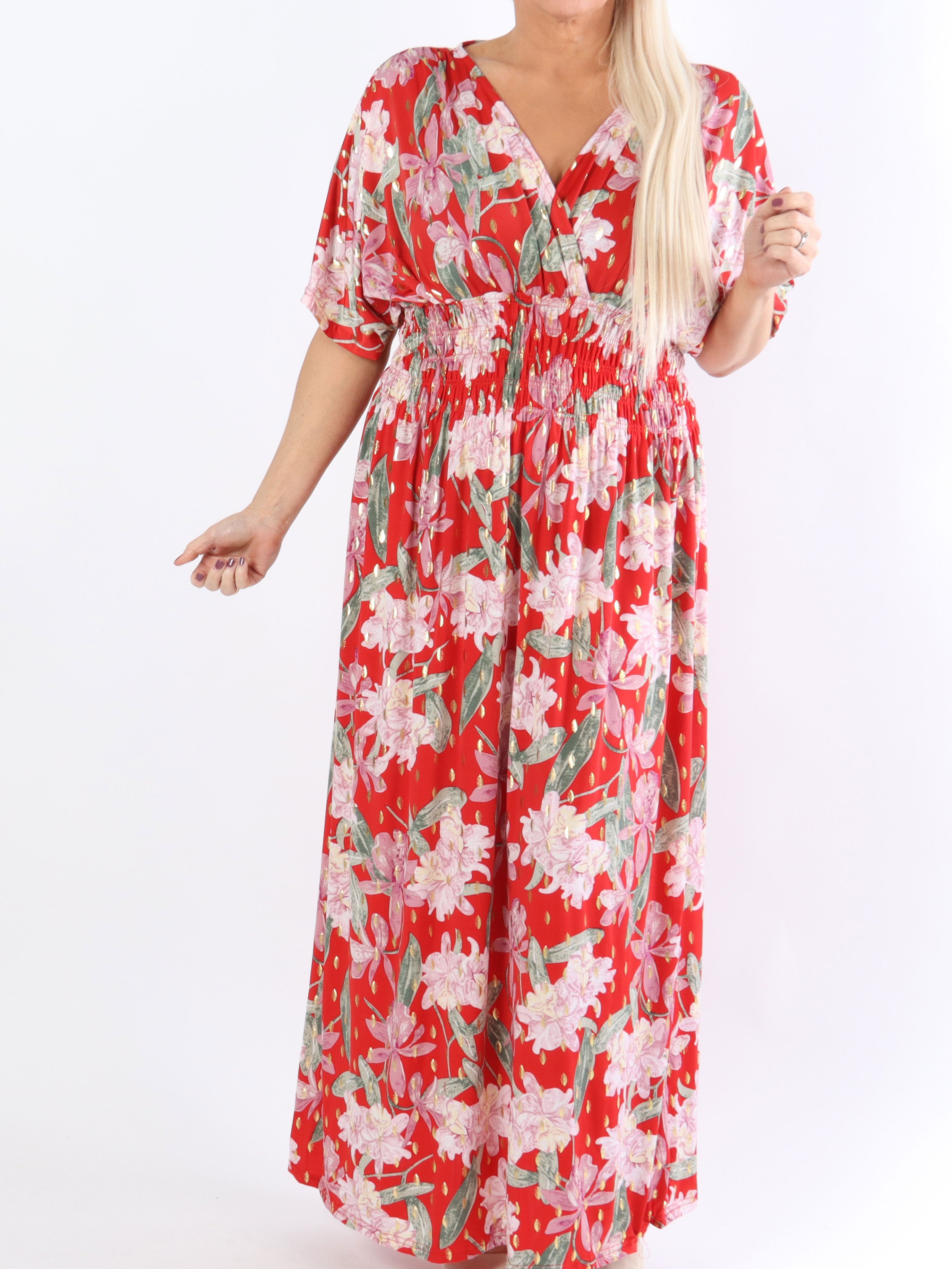 Pams Flower - Lang elastisk plus size kjole i krølfrit stof