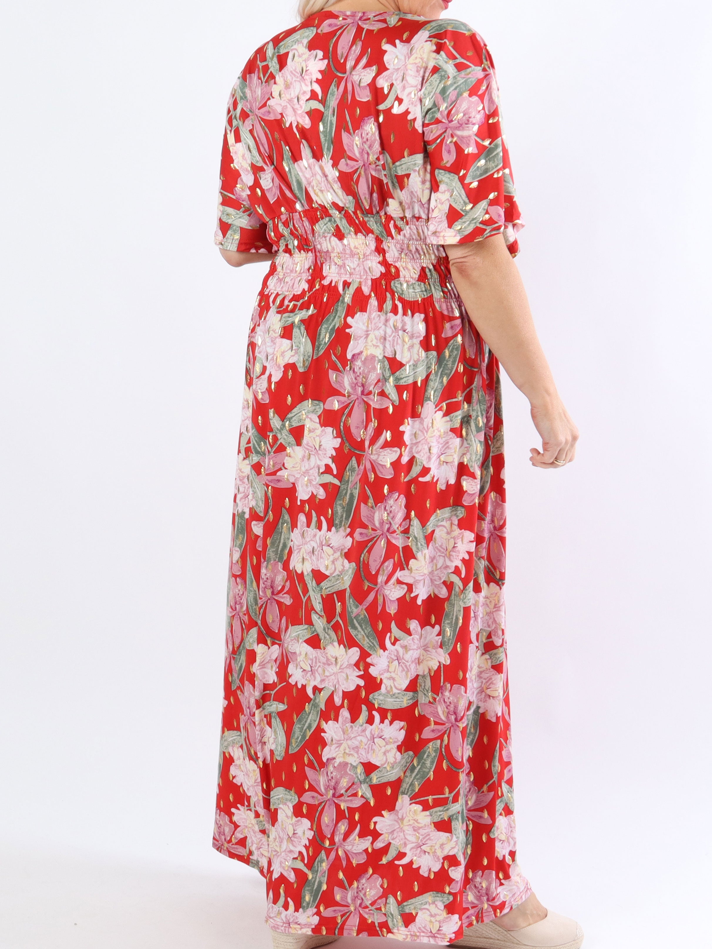 Pams Flower - Lang elastisk plus size kjole i krølfrit stof