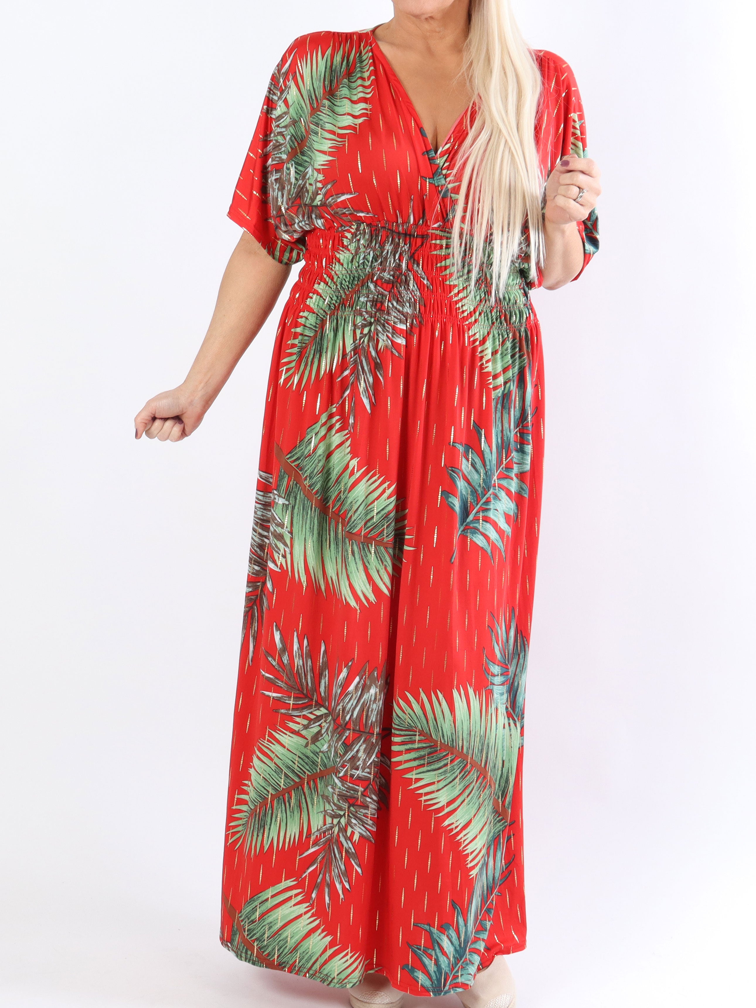 Pams Palm - Lang elastisk plus size kjole i krølfrit stof