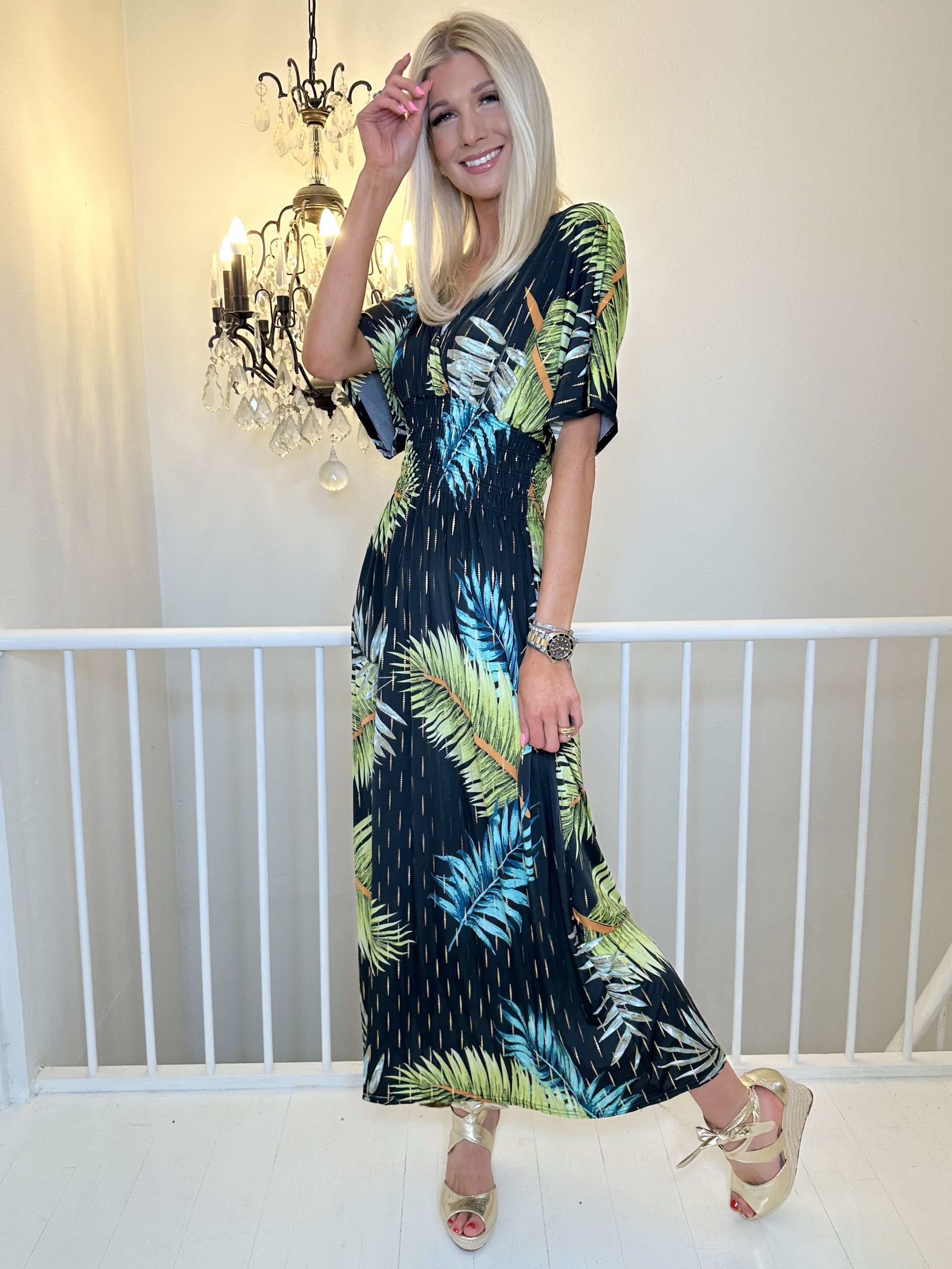 Pams Palm - Lang elastisk kjole i krølfrit stof