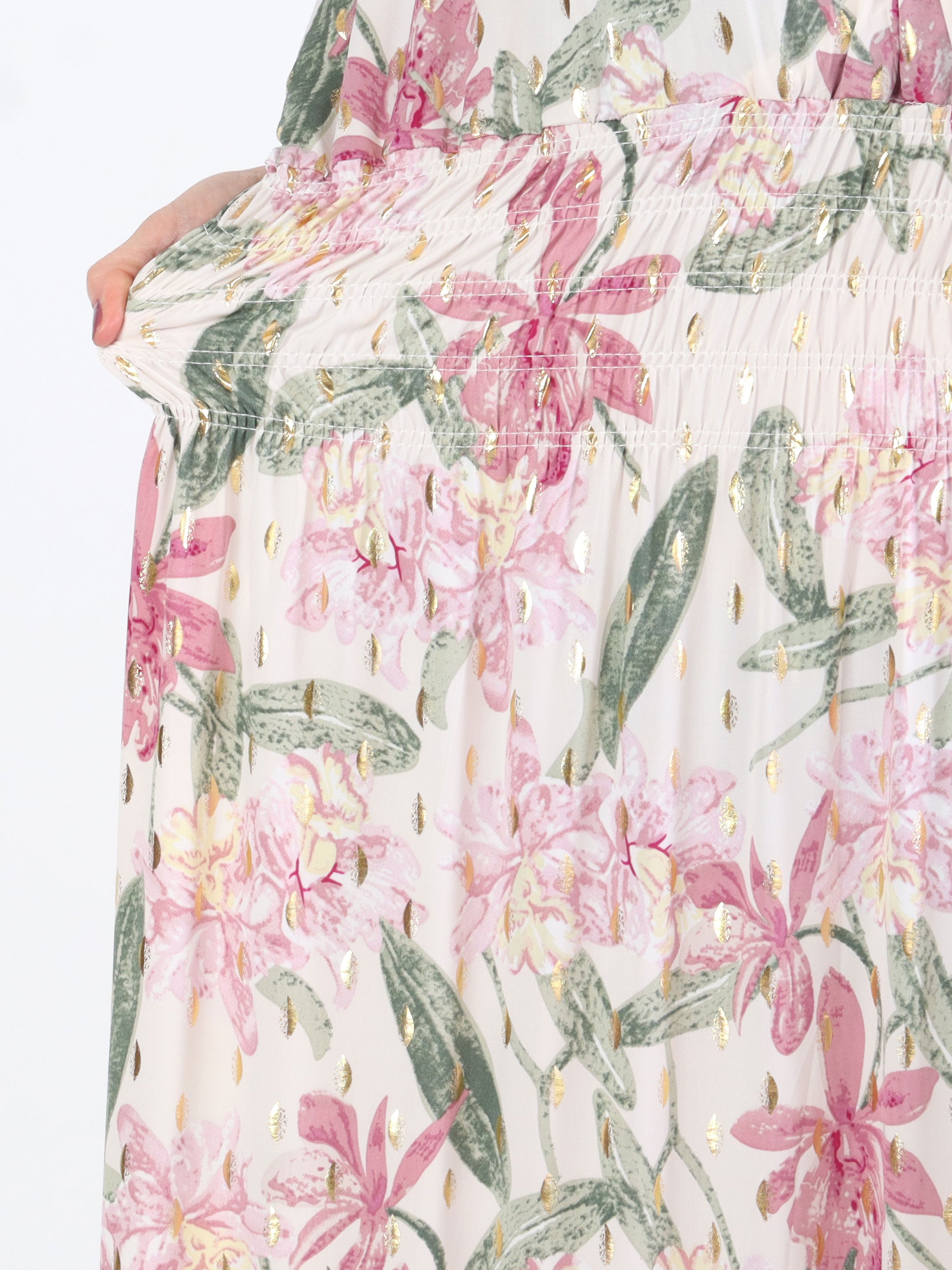 Pams Flower - Lang elastisk plus size kjole i krølfrit stof