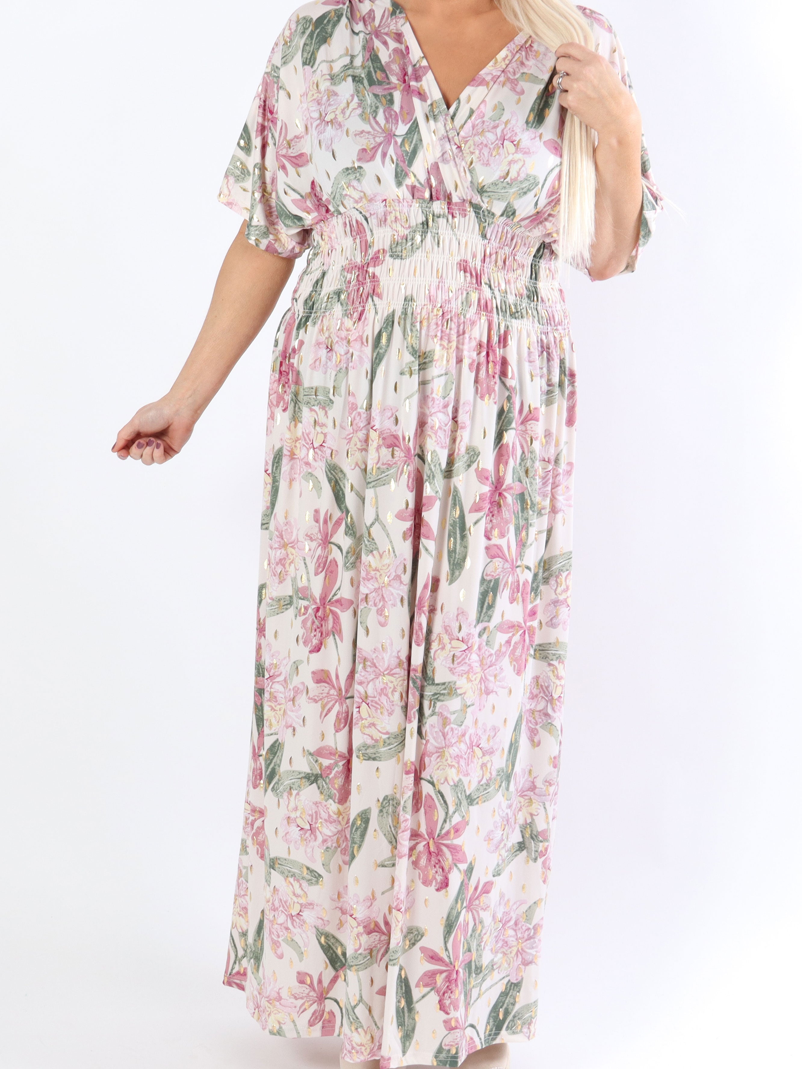 Pams Flower - Lang elastisk plus size kjole i krølfrit stof