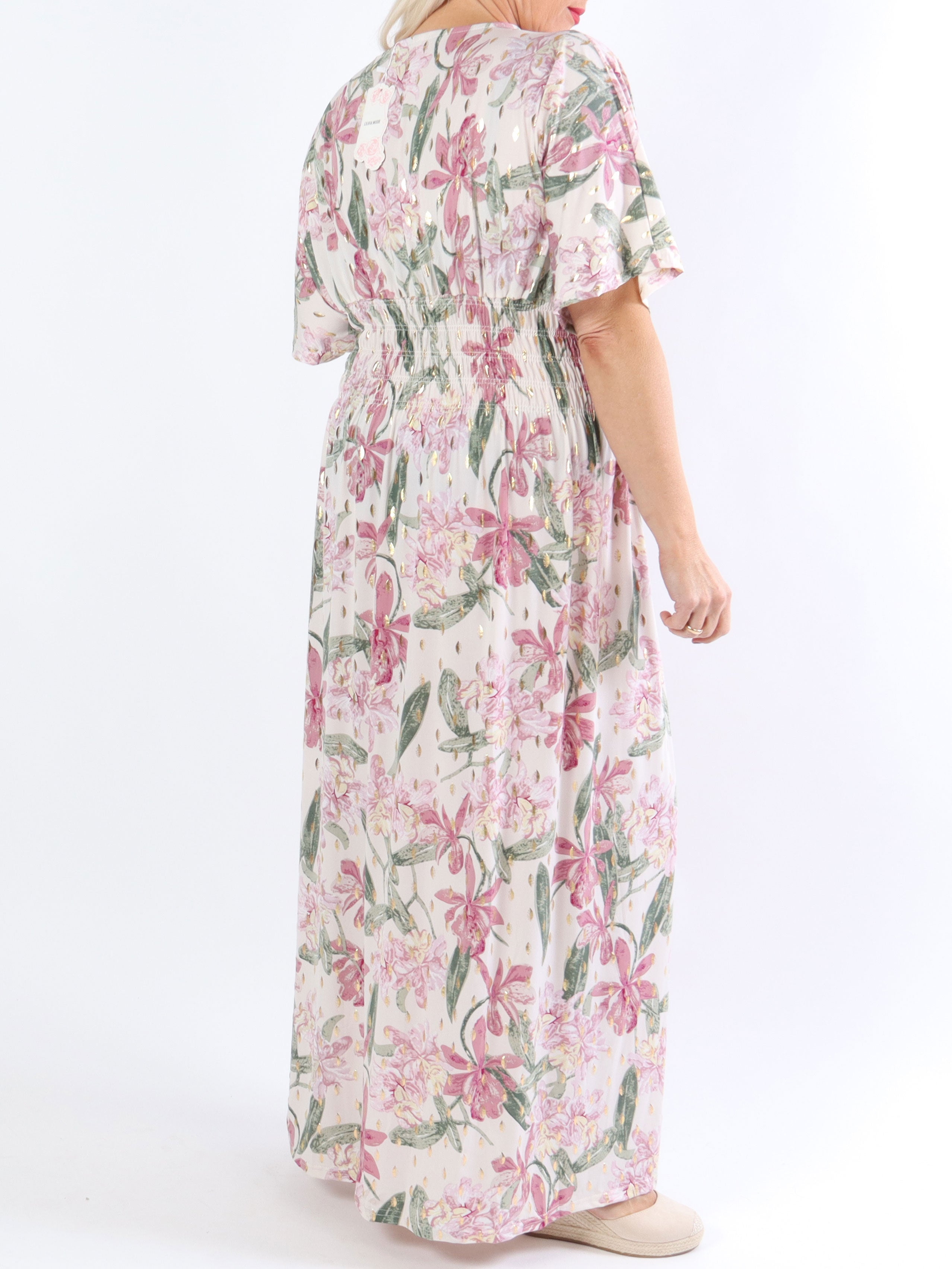 Pams Flower - Lang elastisk plus size kjole i krølfrit stof