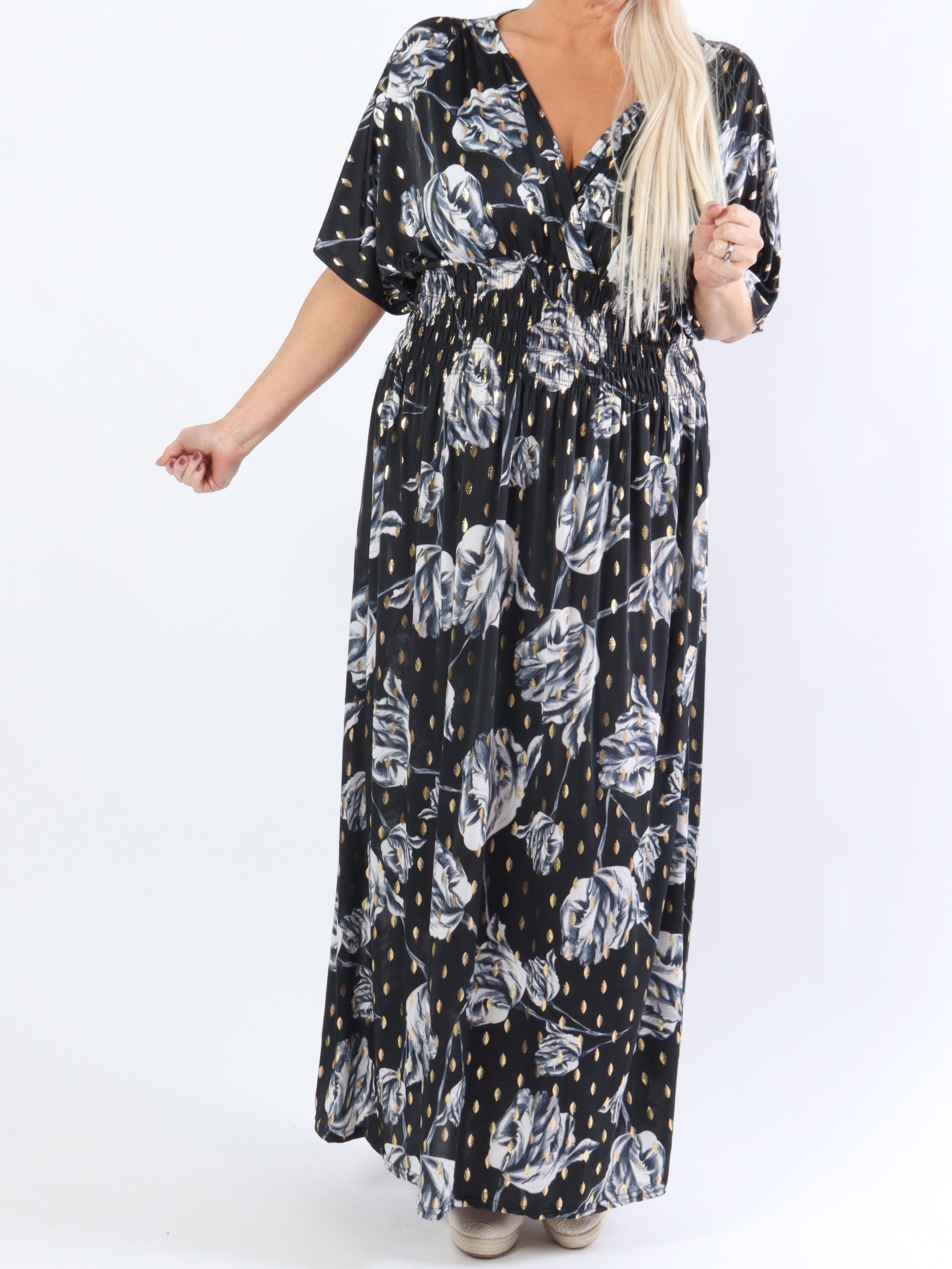 Pams Rose - Lang elastisk plus size kjole i krølfrit stof