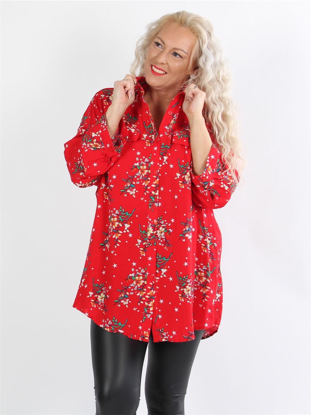 Paprika - Sort skjorte med blomster og små hvide stjerner