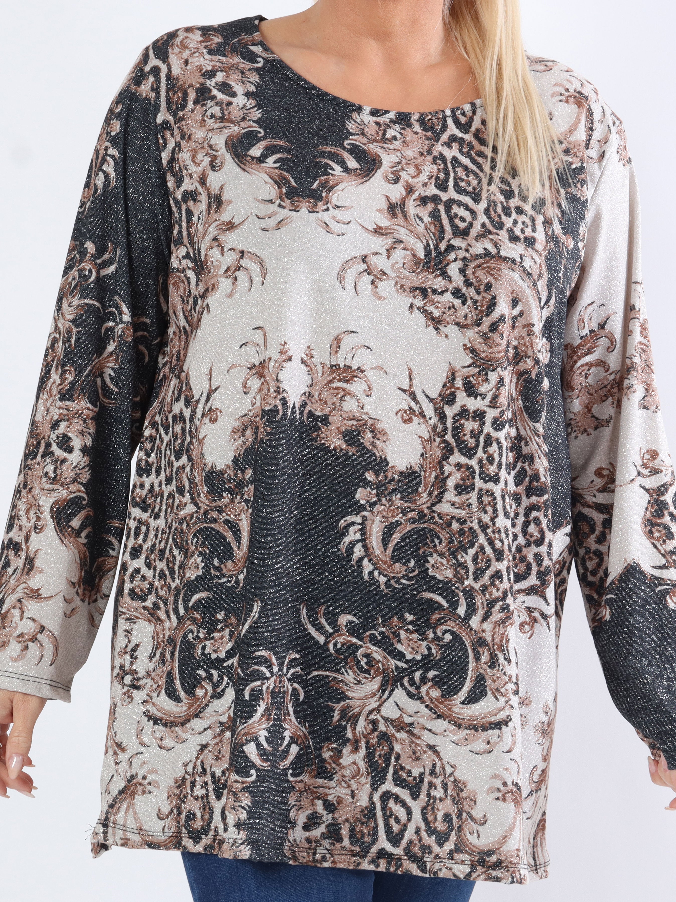 Paula -  Plus size glitter bluse med leopardprint