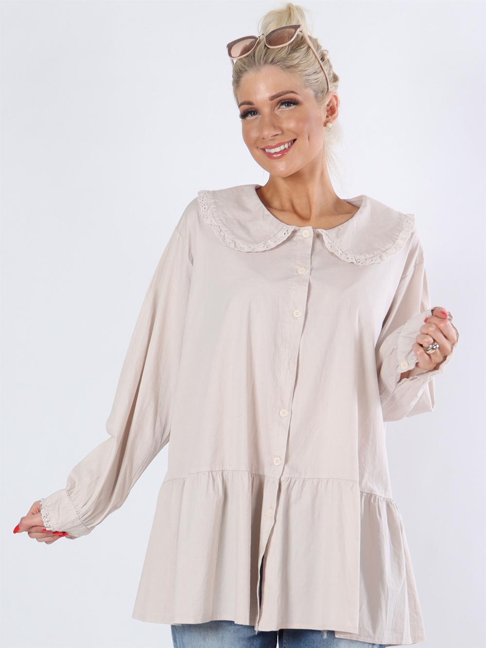 Rimm - Armygrøn skjorte med krave med lille flæsekant af broderie anglaise